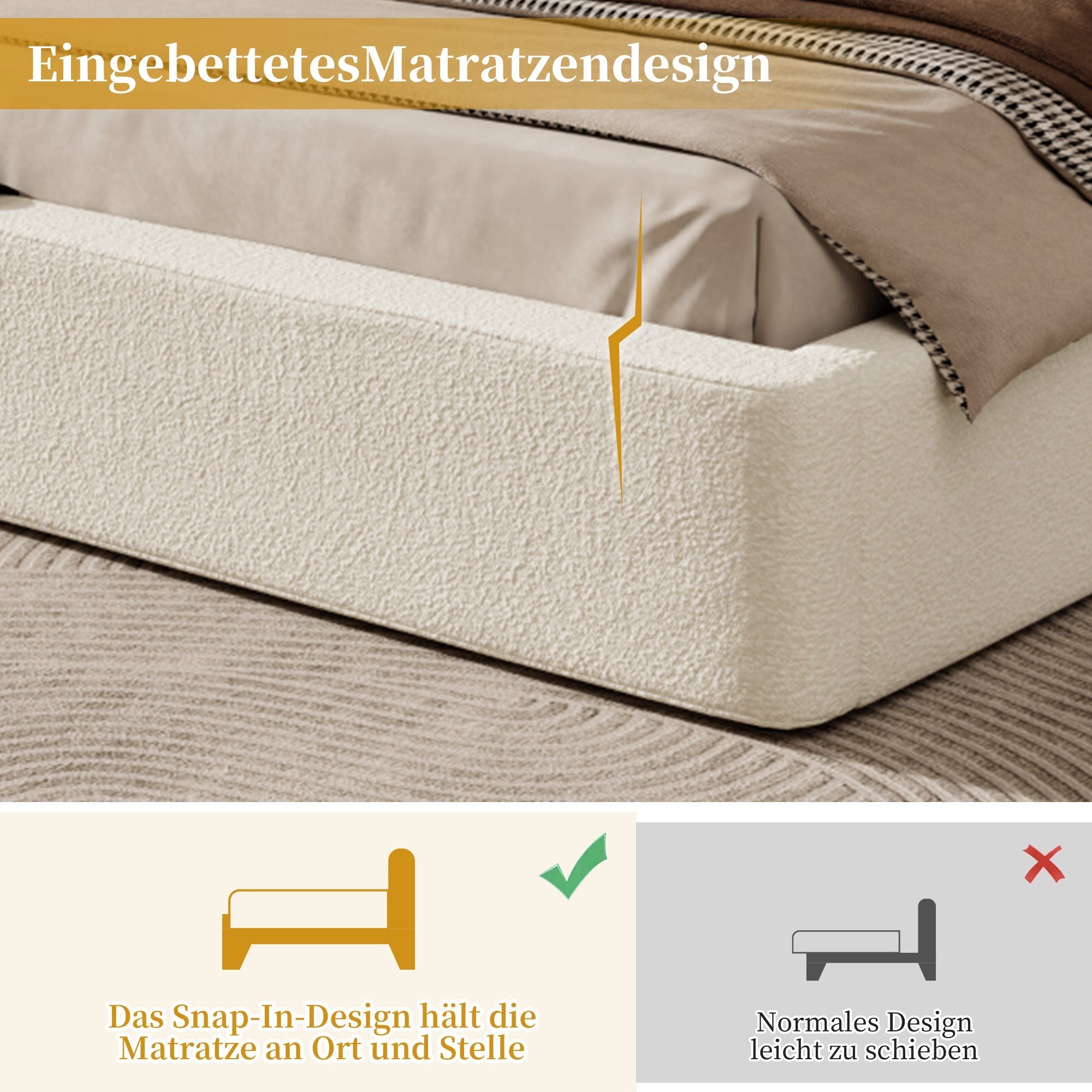 Upholstered Double Bed, 180x200cm Hydraulic Storage Headboard, Beige Bouclé
