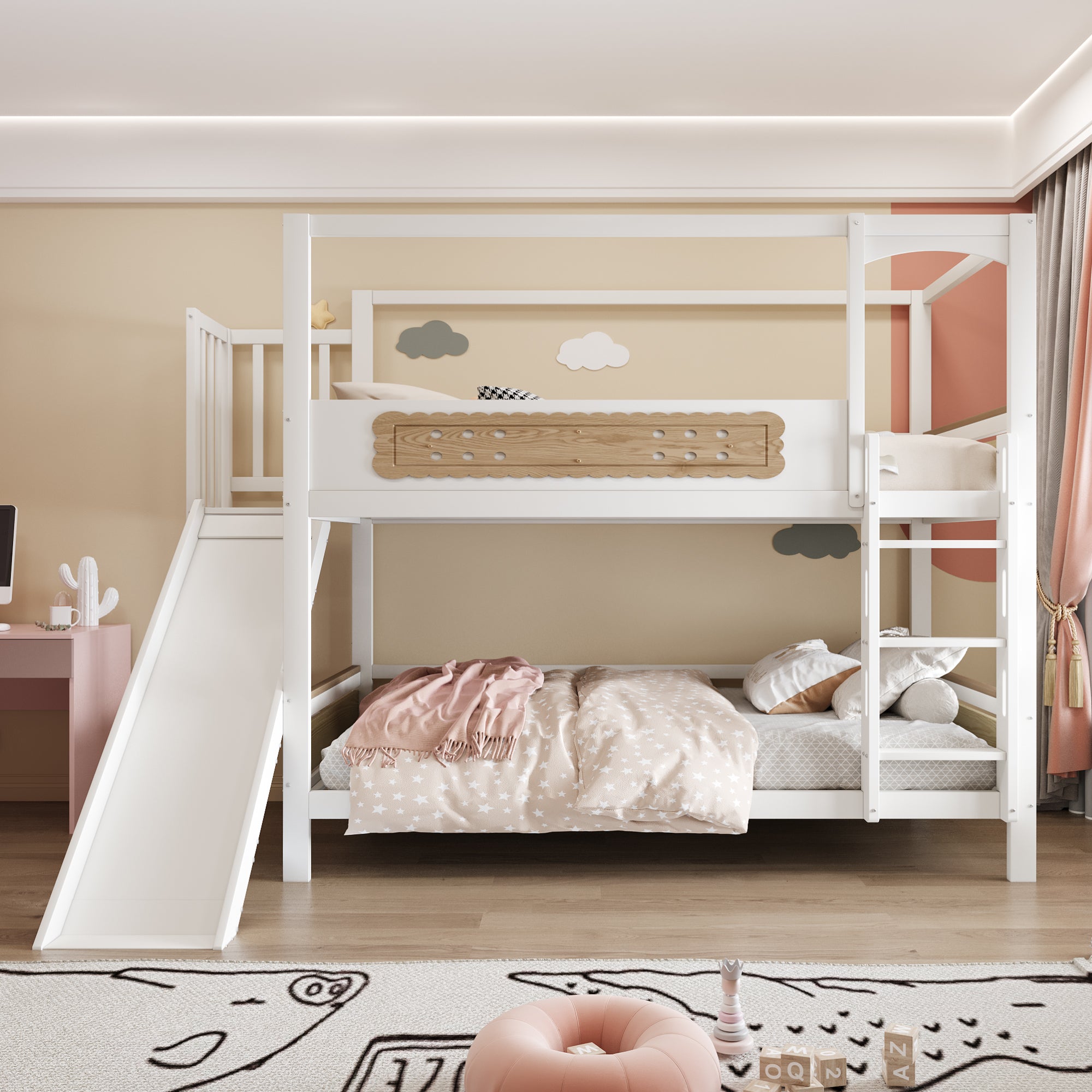 Children's Bunk Bed 90x200cm House Frame Slide Safety Ladder Wood Color