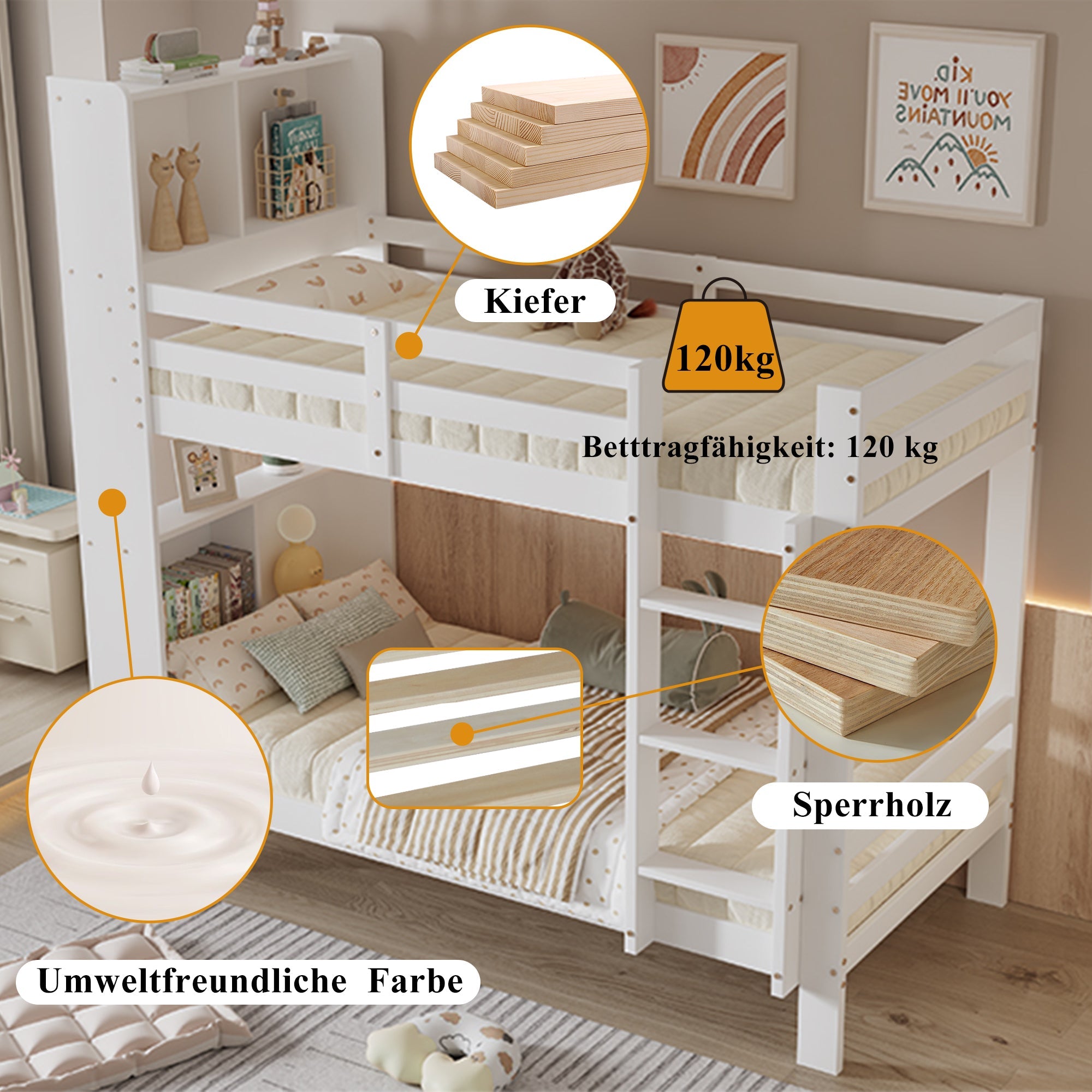 Bunk Bed with Shelves, Ladder & Storage, Solid Wood, White