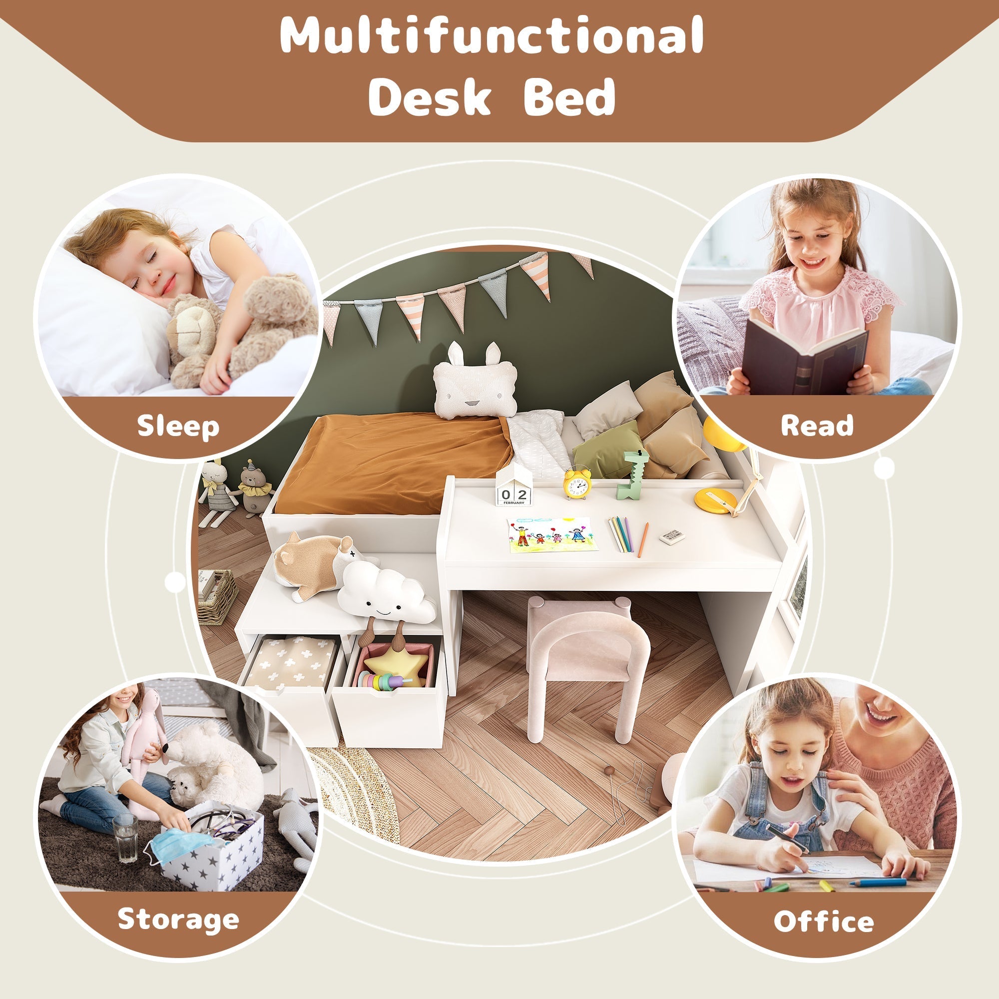 Kids Single Bed with Desk and Drawers, 90 x 190 cm, White Wooden Frame