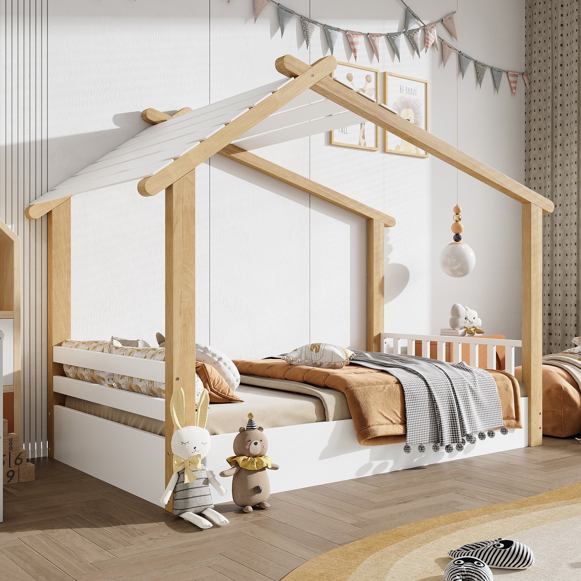 Wooden Bed, House Design Single with Slatted Frame, Pine & MDF White & Natural