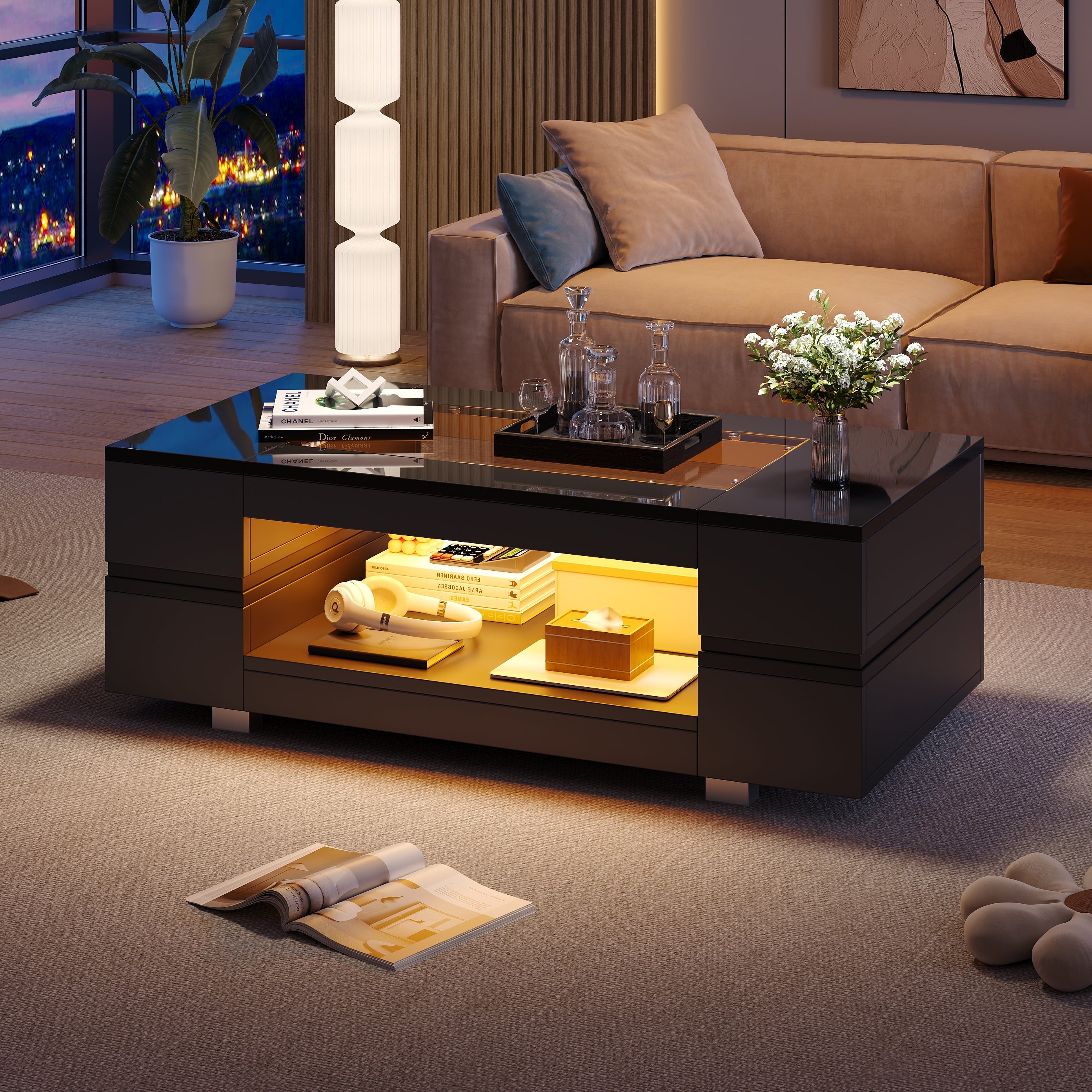 LED Coffee Table with Bluetooth App Control, Double-Layer High-Gloss, Black