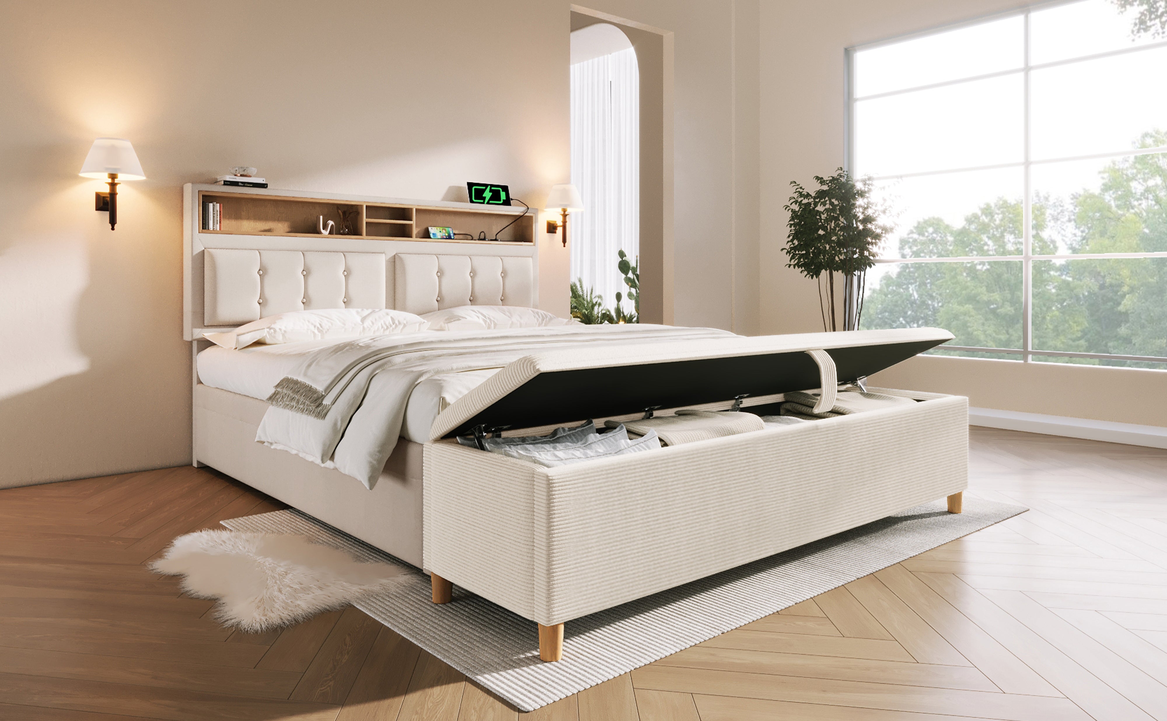 Upholstered Bed 140x200 Storage, USB Charging, Bed Bench - Linen Look