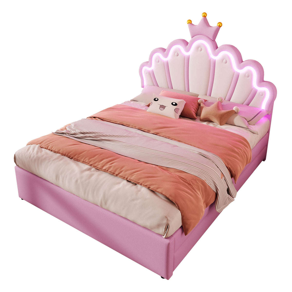 Princess Upholstered Bed 140x200cm Crown Shape LED 2 Drawers - PU Pink