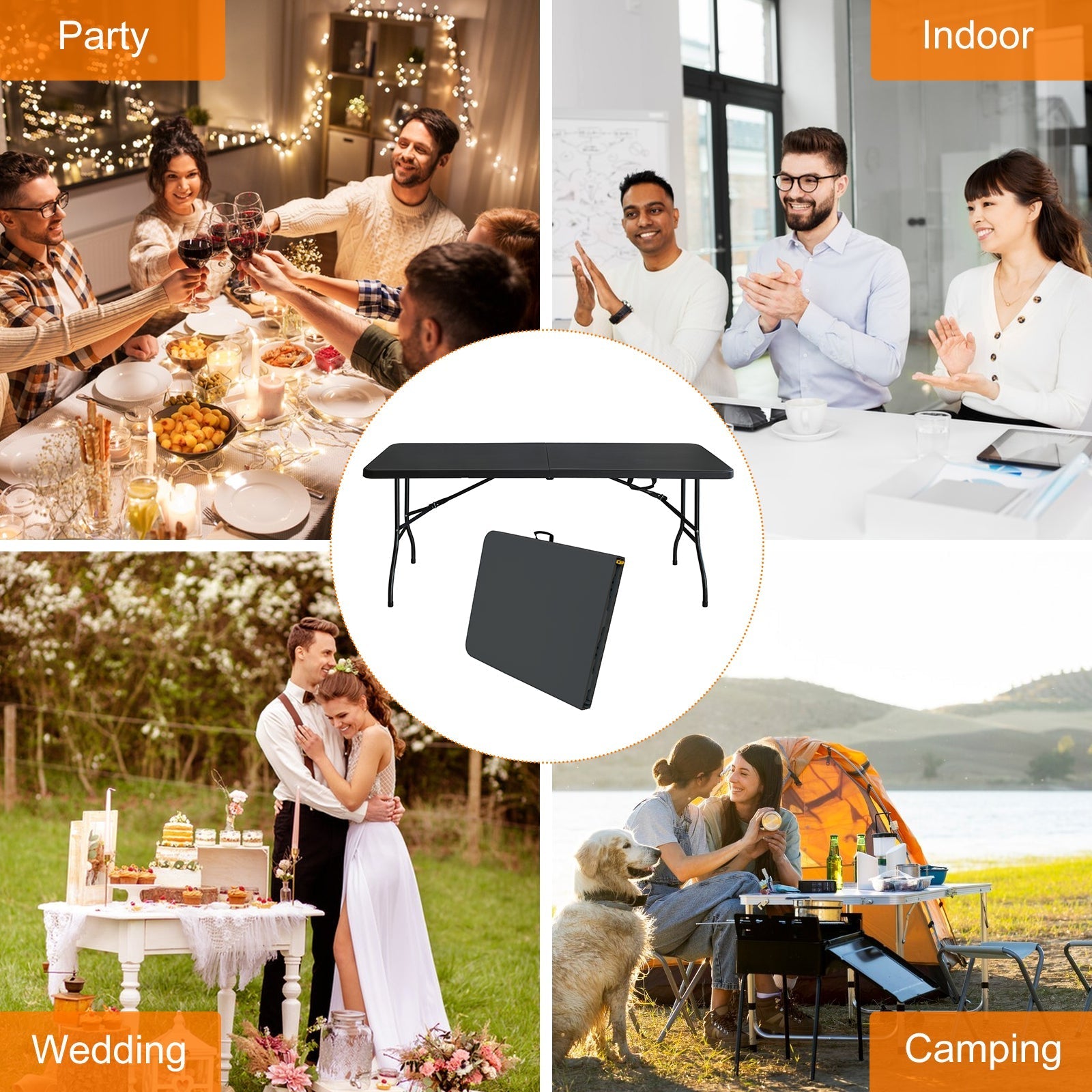 Folding Table 180cm, Portable Heavy Duty Multi-Functional, Black