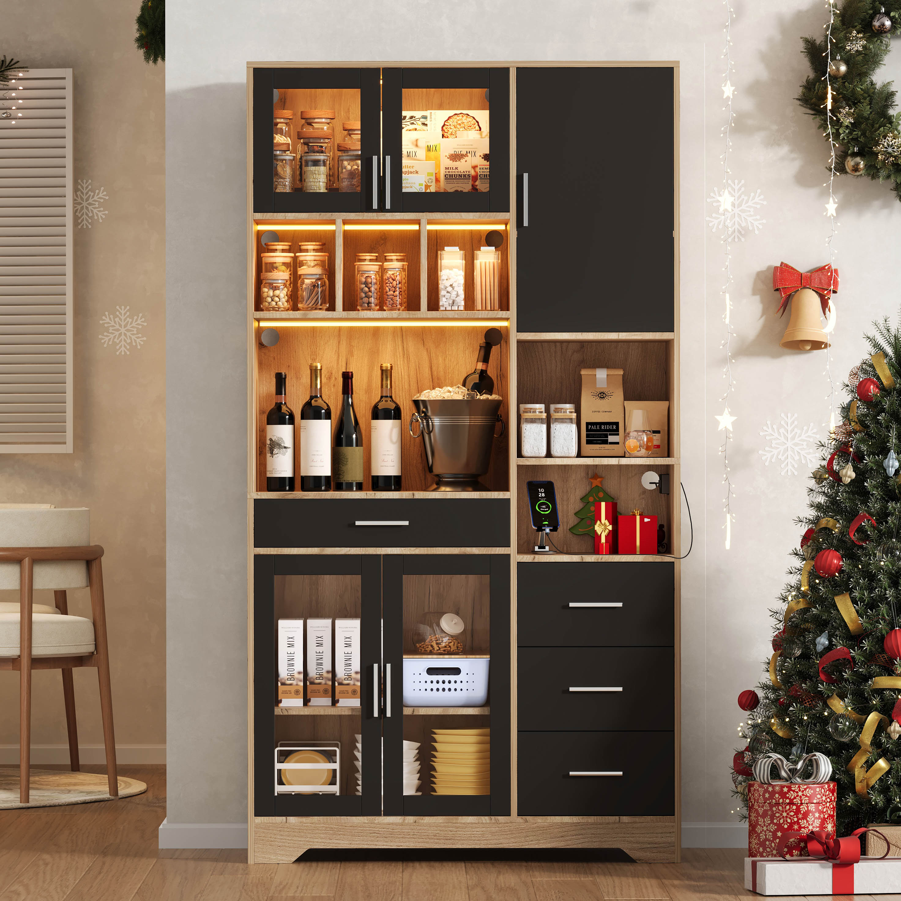 Farmhouse Style Vintage Tall Kitchen Cabinet with LED Lights and Socket, Oak Look