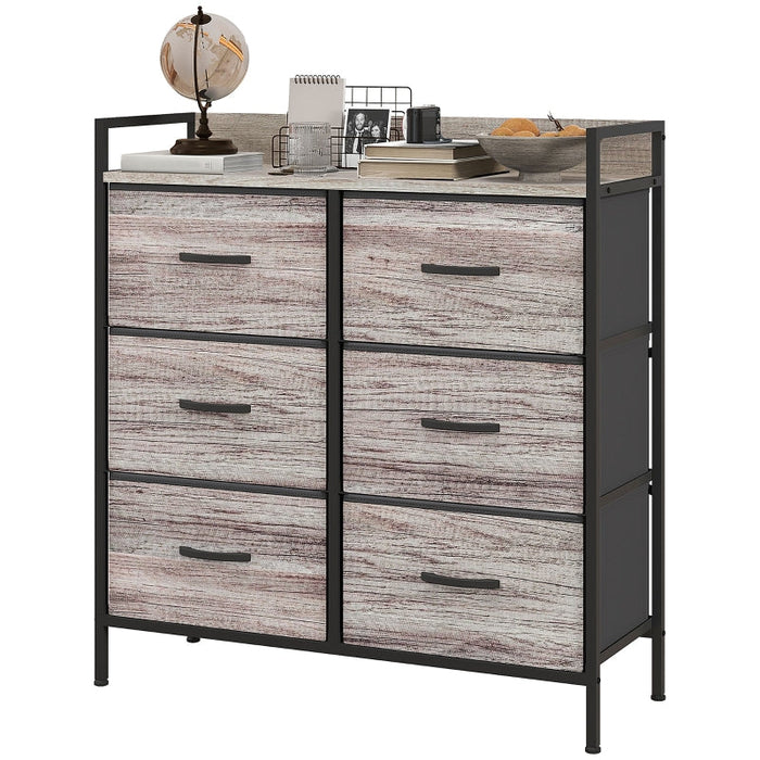 Chest of drawers 6 fabric drawers wood look steel frame gray