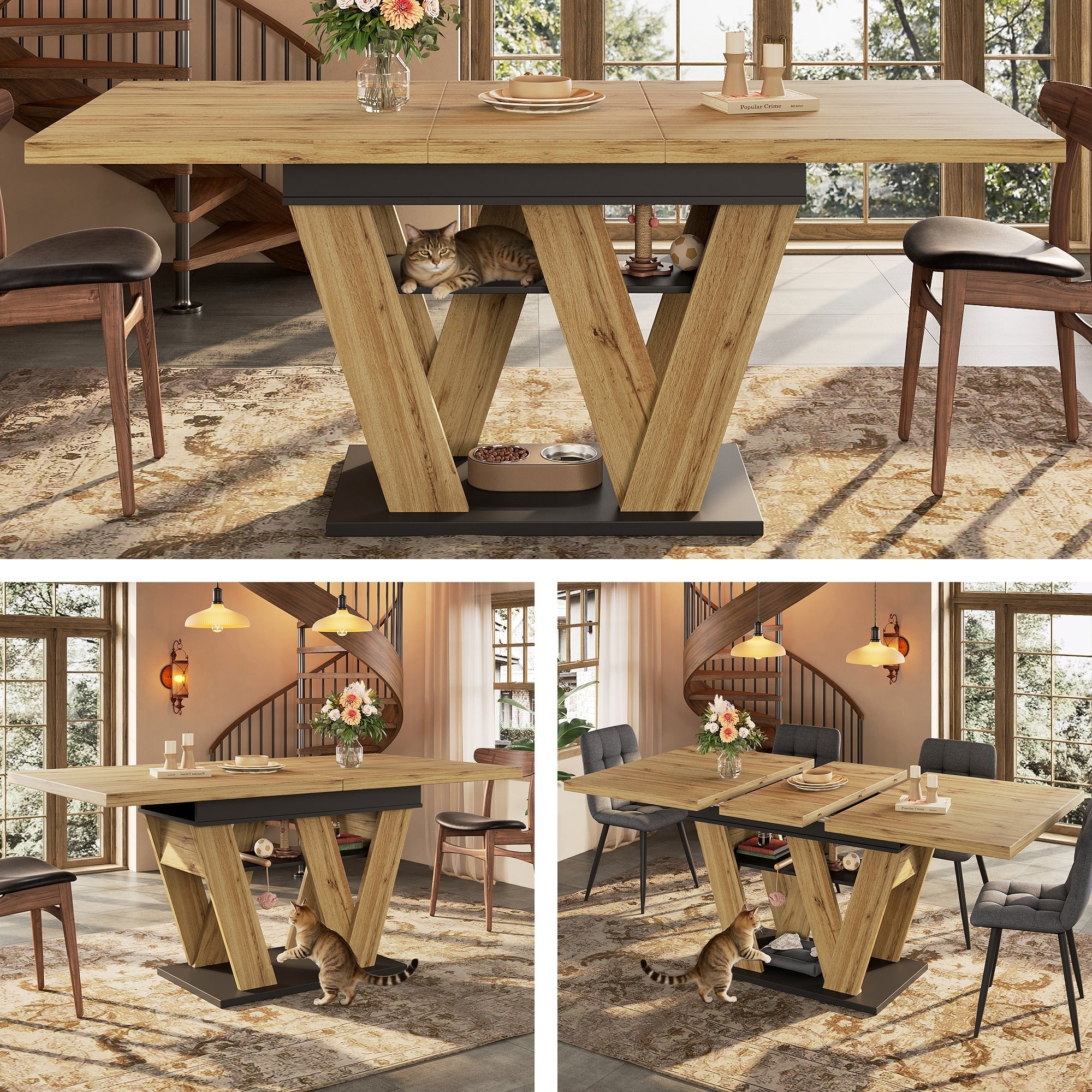 Telescopic Dining Table Extendable 119-158.5x80cm W-Legs - Natural Wood