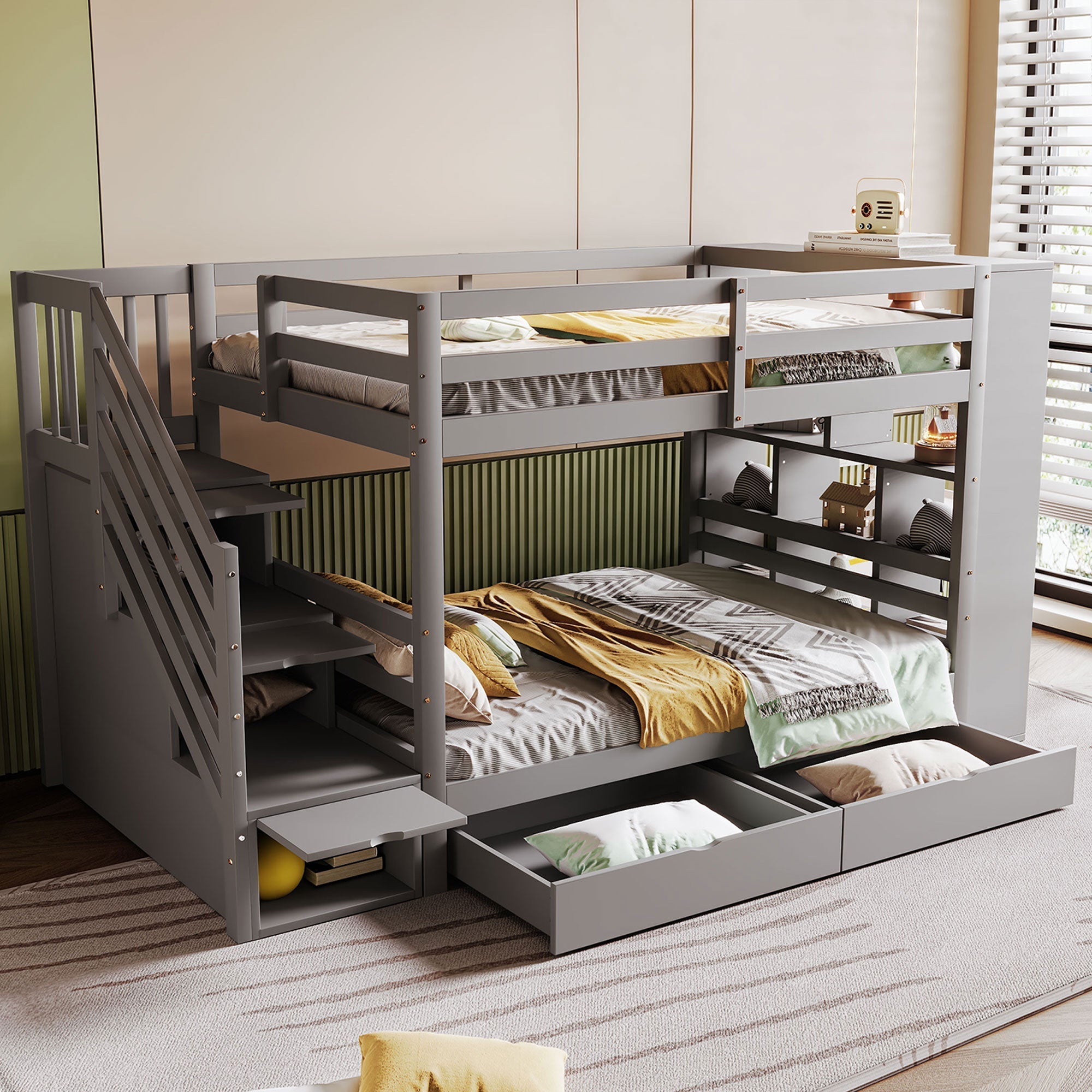 Bunk bed 90 x 200 cm with safety ladder, storage, high fence, slatted frame, grey pine