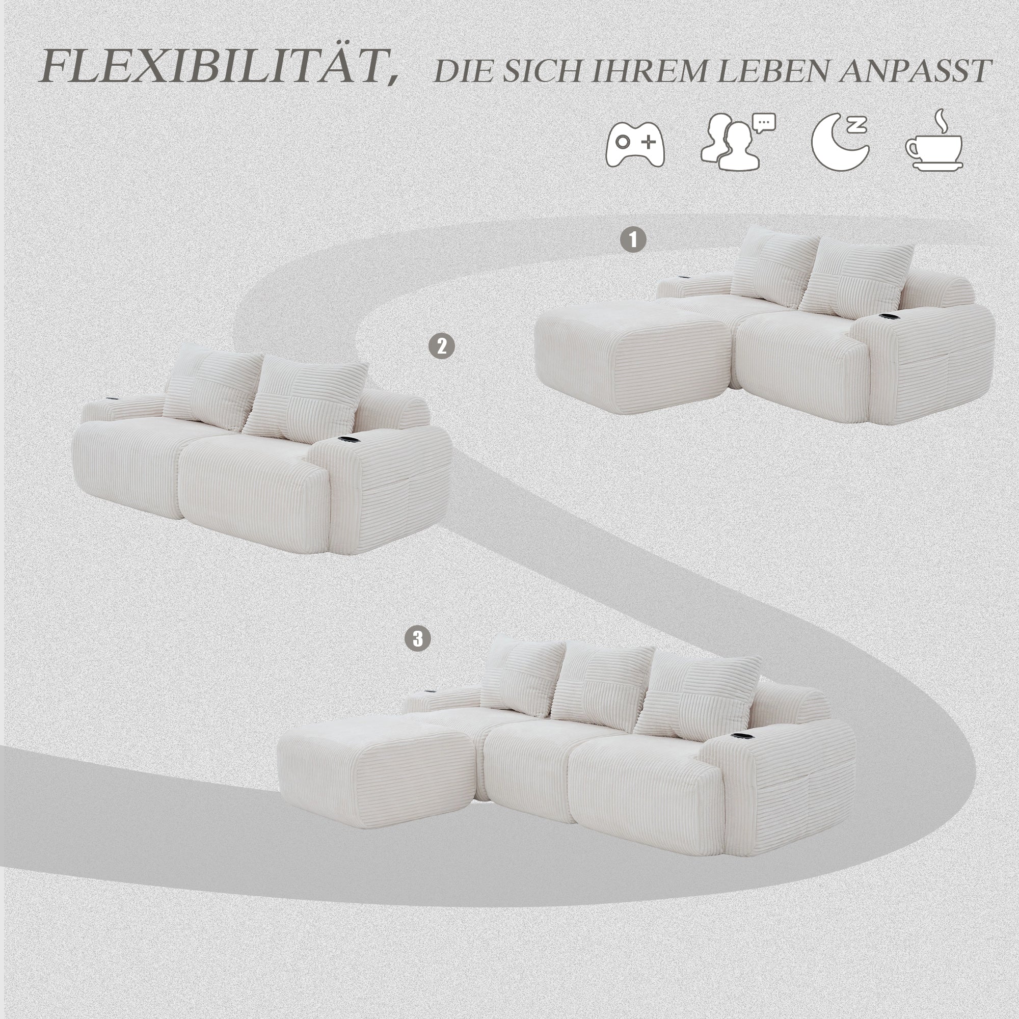 3-Seater Modular Corduroy Sofa with Ottomans, Cup Holders and Storage, Beige