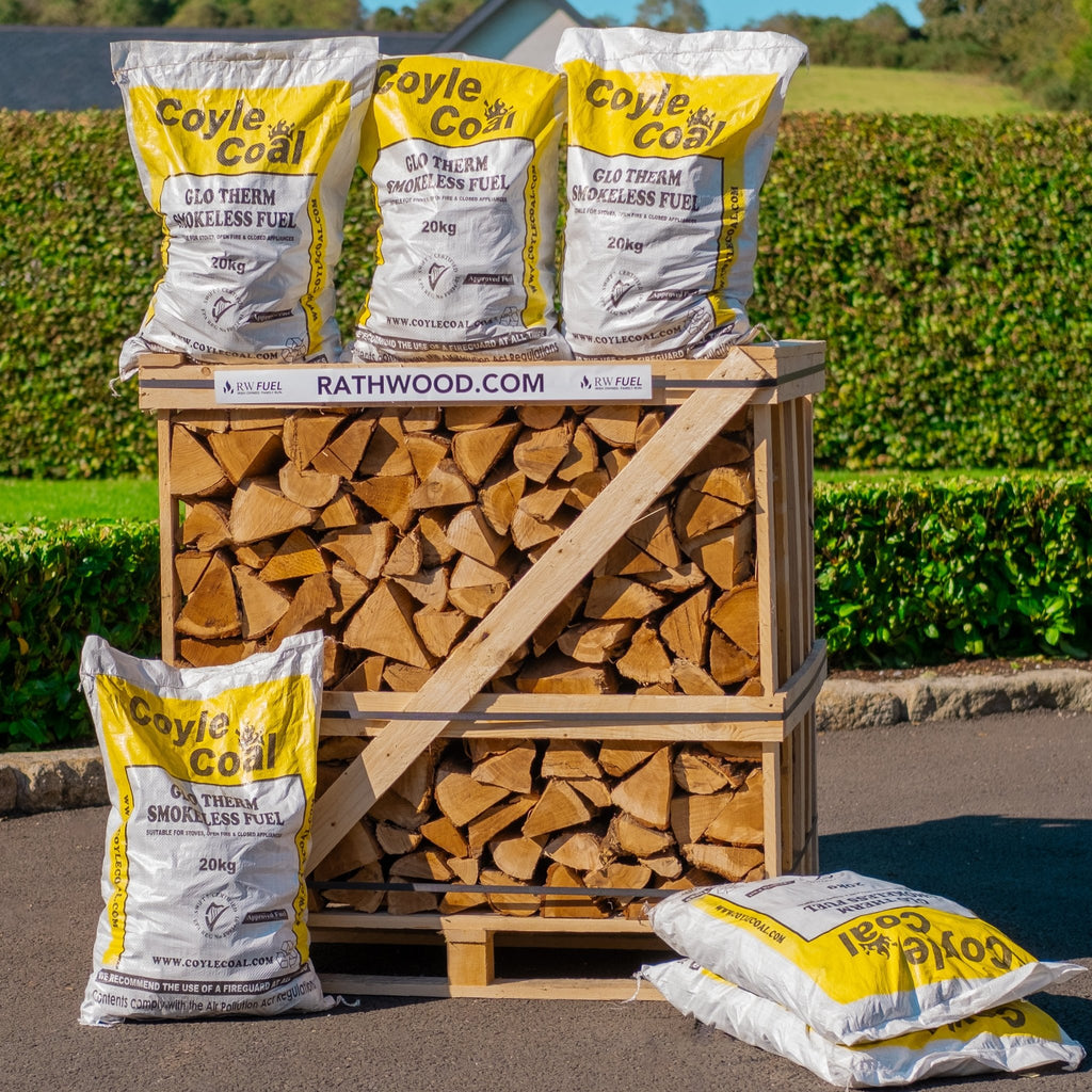 6 x 20kg Glotherm Coal and Hardwood Firewood 1.55m³ - 625kg Kiln Dried (4 Row) Pallet - Rathwood Store