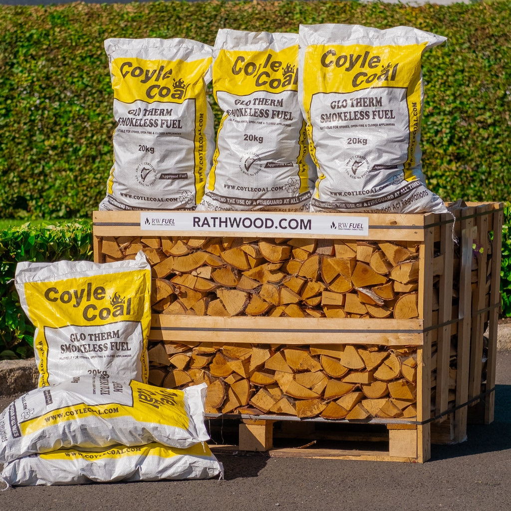 6 x 20kg Glotherm Coal and Hardwood Firewood 1m³ - 400kg Kiln Dried (4 Row) Pallet - Rathwood Store