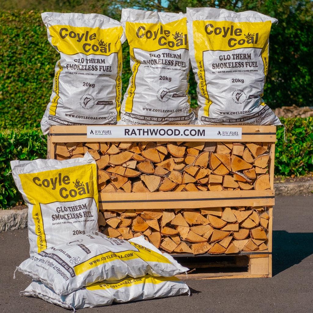 6 x 20kg Glotherm Coal and Hardwood Firewood 1m³ - 400kg Kiln Dried (4 Row) Pallet - Rathwood Store