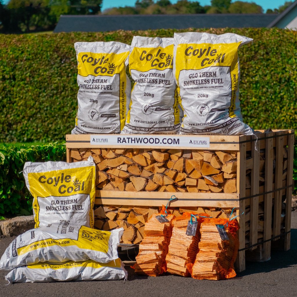 6 x 20kg Glotherm Coal and Hardwood Firewood 1m³ - 400kg Kiln Dried (4 Row) Pallet with 3 bags of kindling - Rathwood Store