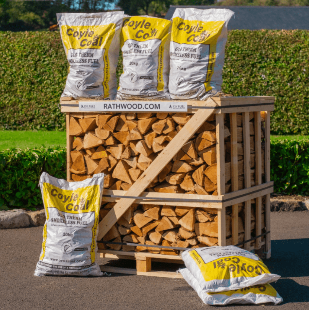 6 x 20kg Glotherm Coal and Mixed Firewood 1.2m³ - 510kg Kiln Dried (3 Row) Pallet - Rathwood Store