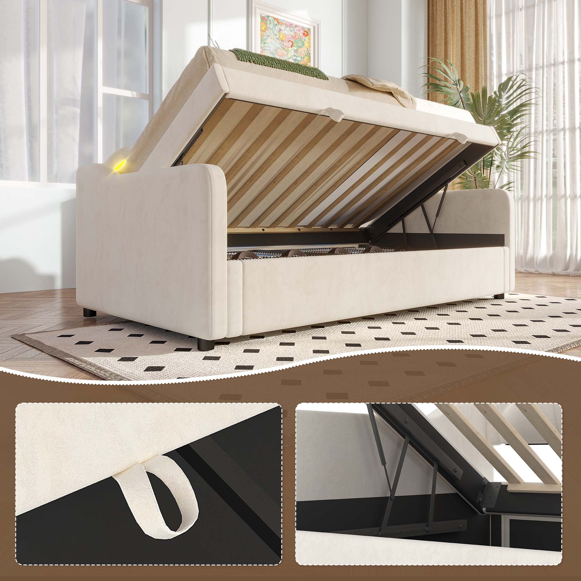 Daybed Sofa Bed 90x200cm Hydraulic Storage LED - Velvet Beige