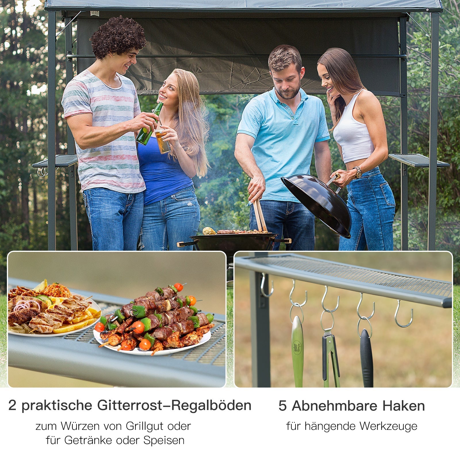 BBQ Gazebo, Flame-Retardant Roof 2 Shelves 218x138x216cm, Black Polyester