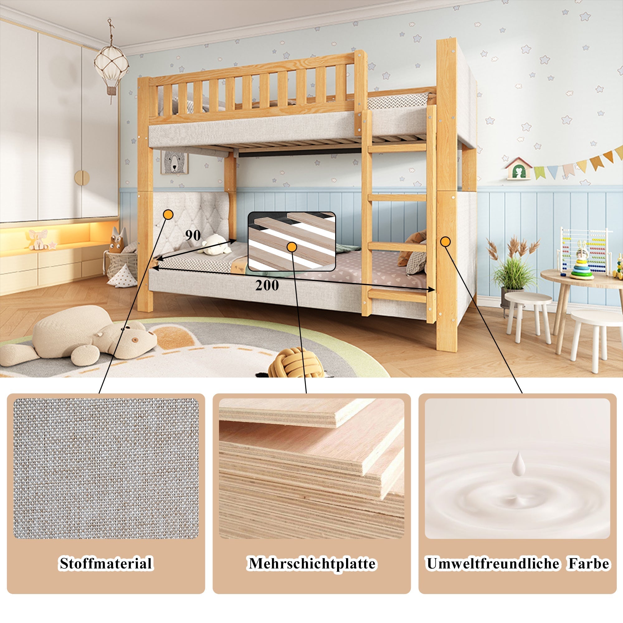 Bunk Bed with Anti-Collision Sponge Edge and Straight Staircase, 90x200cm, Grey and Natural Rubberwood + MDF