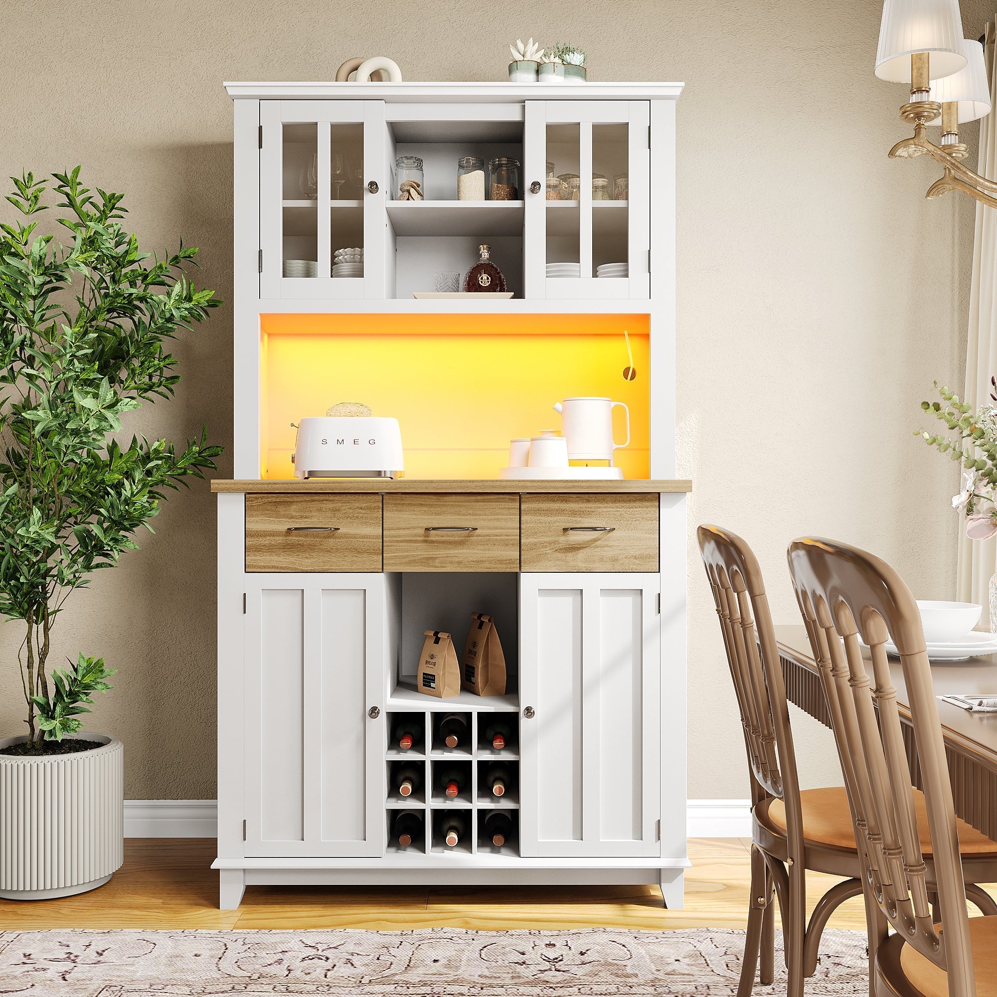 Tall Kitchen Buffet Display Cabinet Adjustable Shelves LED Lighting Wood-Colored Drawers