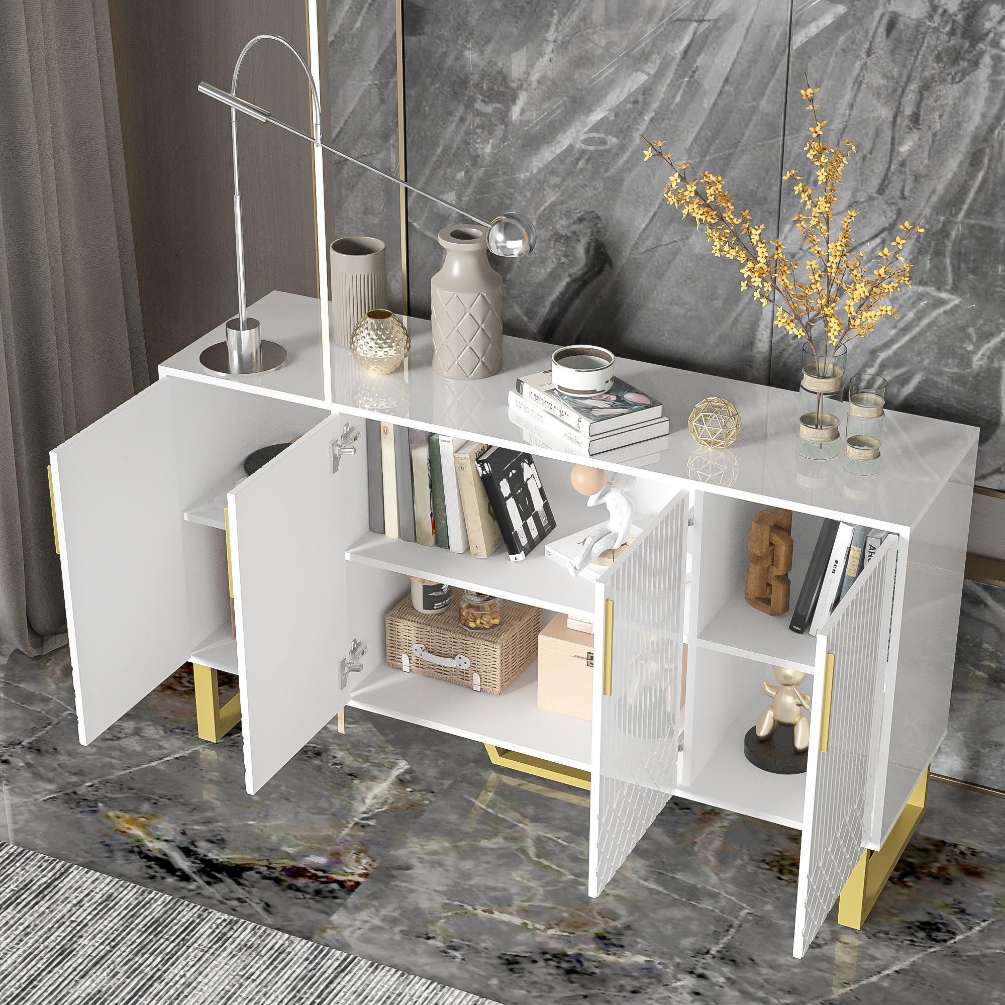 High-gloss Sideboard, 4 Doors, Metal Handles & Legs, White