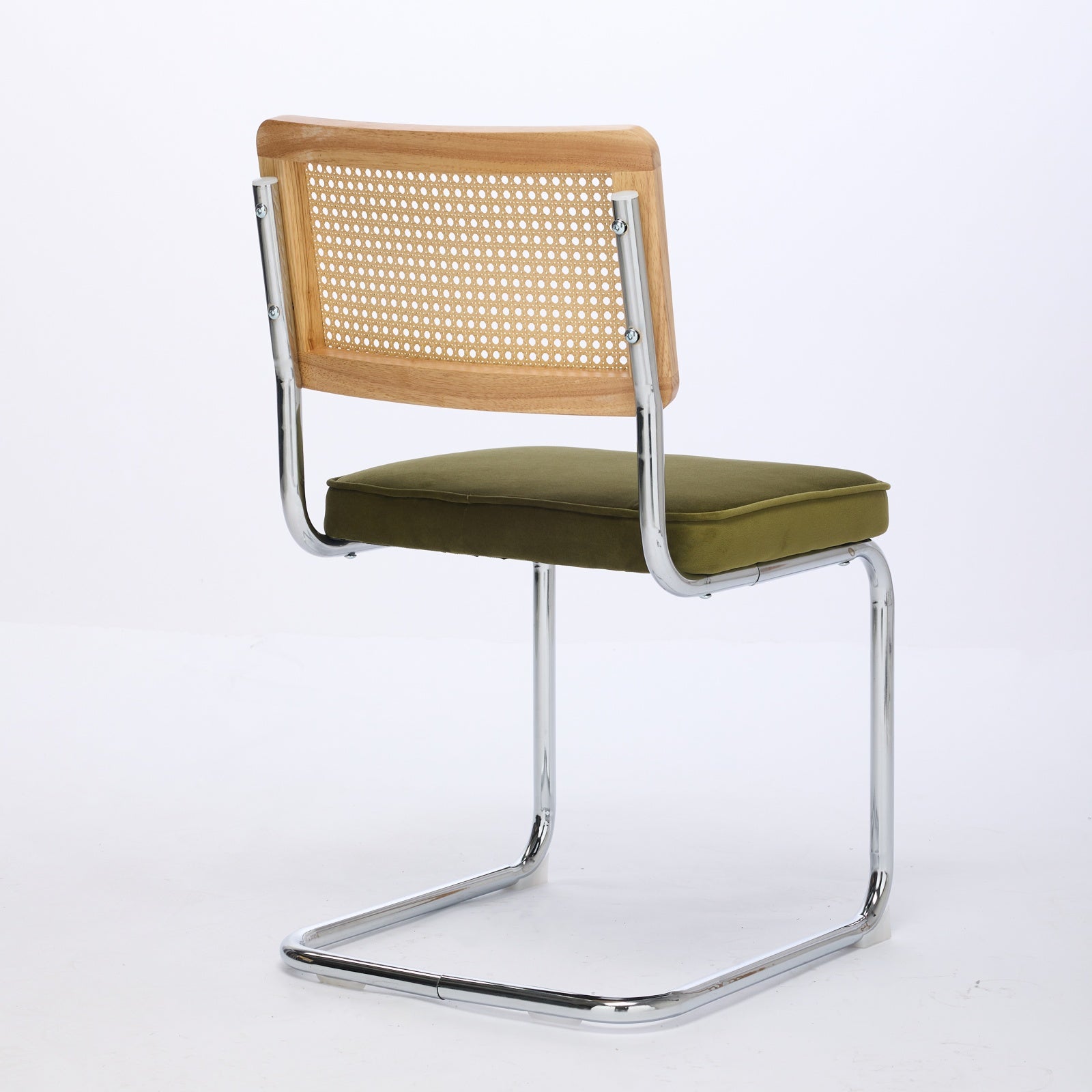 Dining Chairs Set of 2 Mid Century Modern Velvet Cane Back Chrome Base - Olive Green