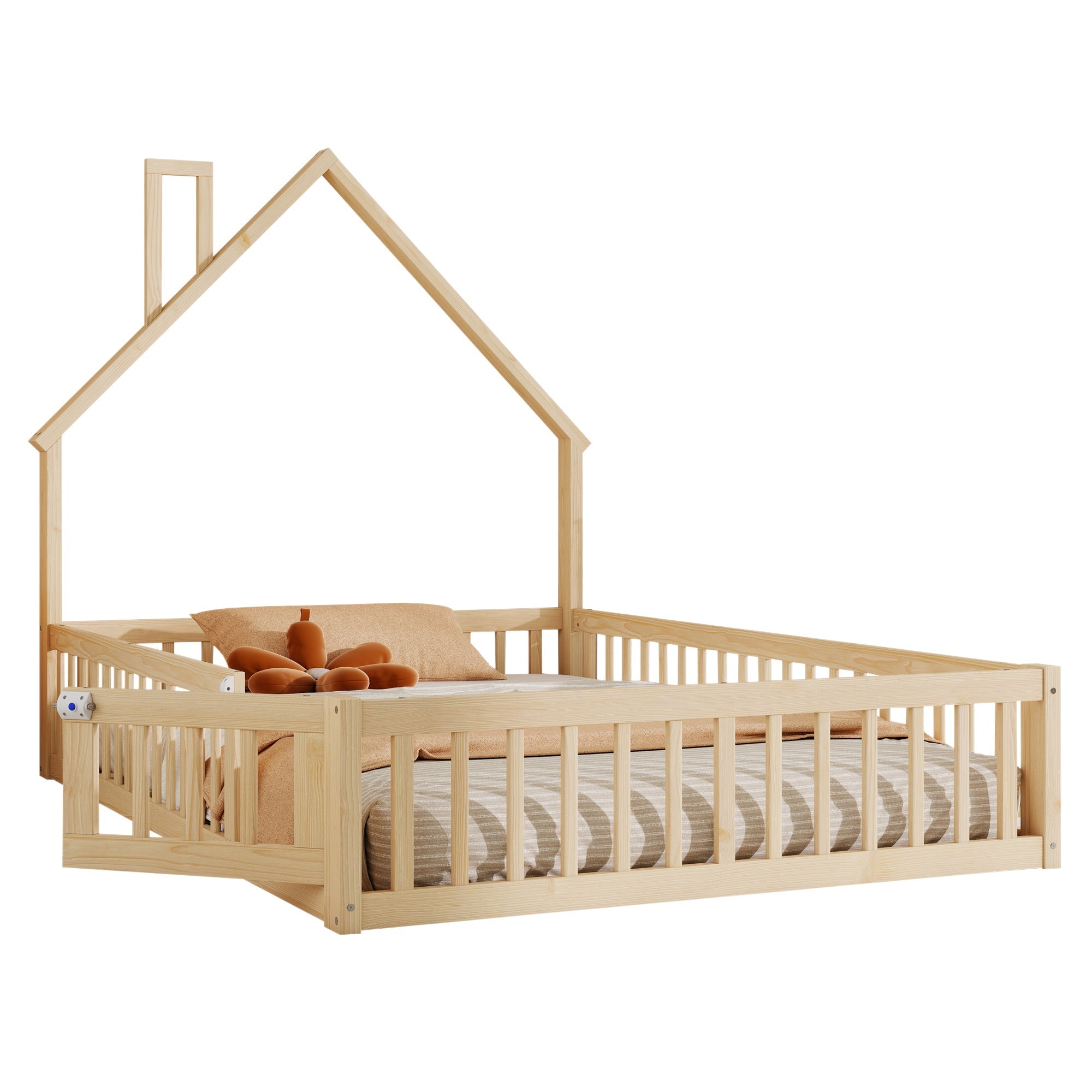 House Bed 140x200cm Chimney Shape Slatted Base Pine Wood Natural