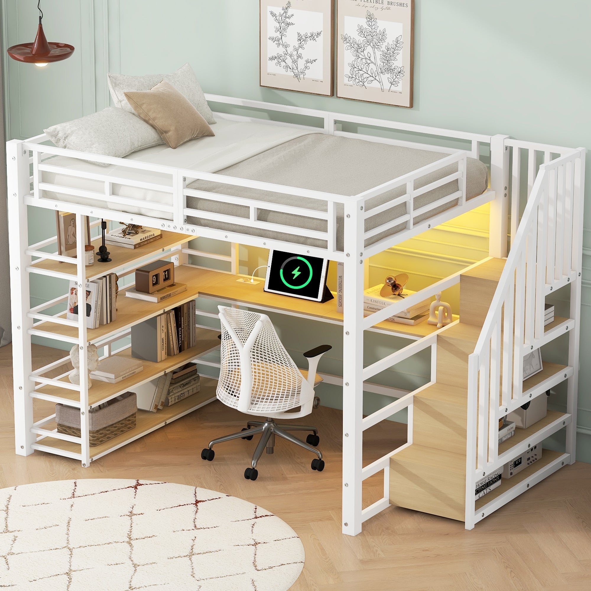 Metal Loft Bed with Desk, Stairs, Storage and LED Light, White
