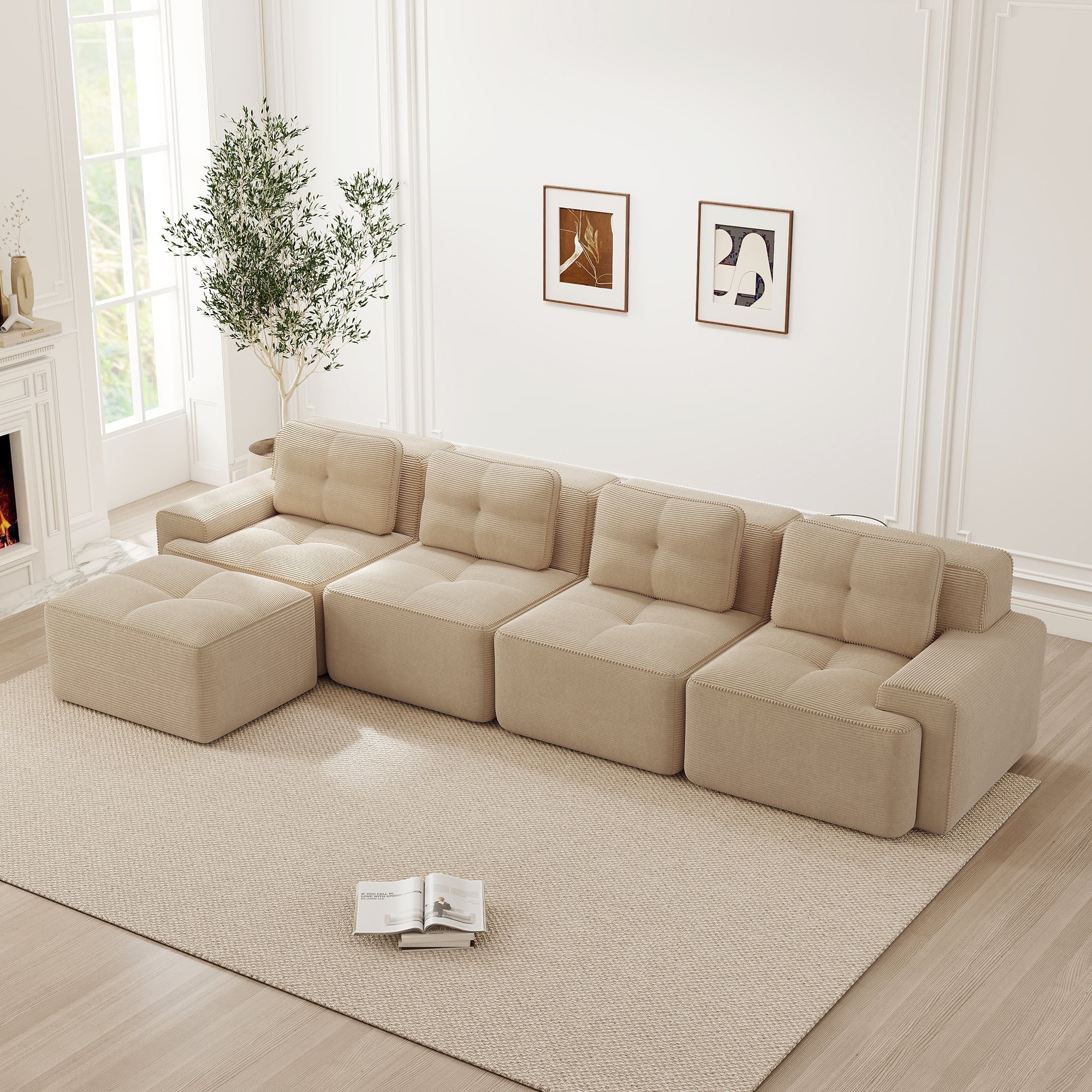 Boneless Modular Sofa L-Shaped Chaise 4-Seater Deep-Seat - Corduroy Beige