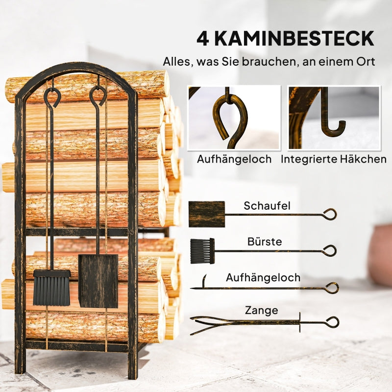 Indoor Firewood Rack, 2-Tier with 4 Fireplace Tools and Hooks, Metal