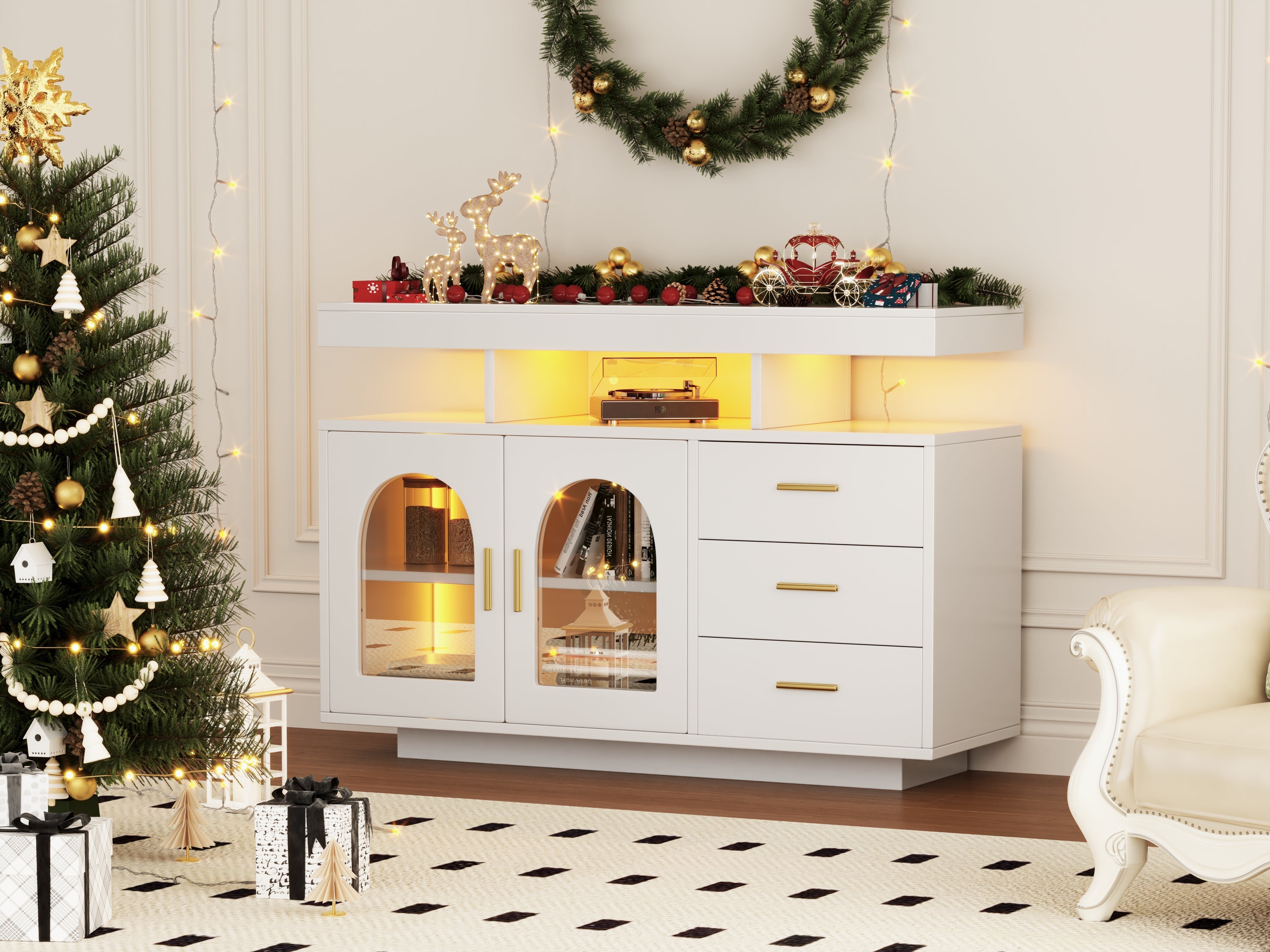 LED Sideboard Buffet 120cm High Gloss Coffee Bar Drawer Cabinet 16 Color Lights White