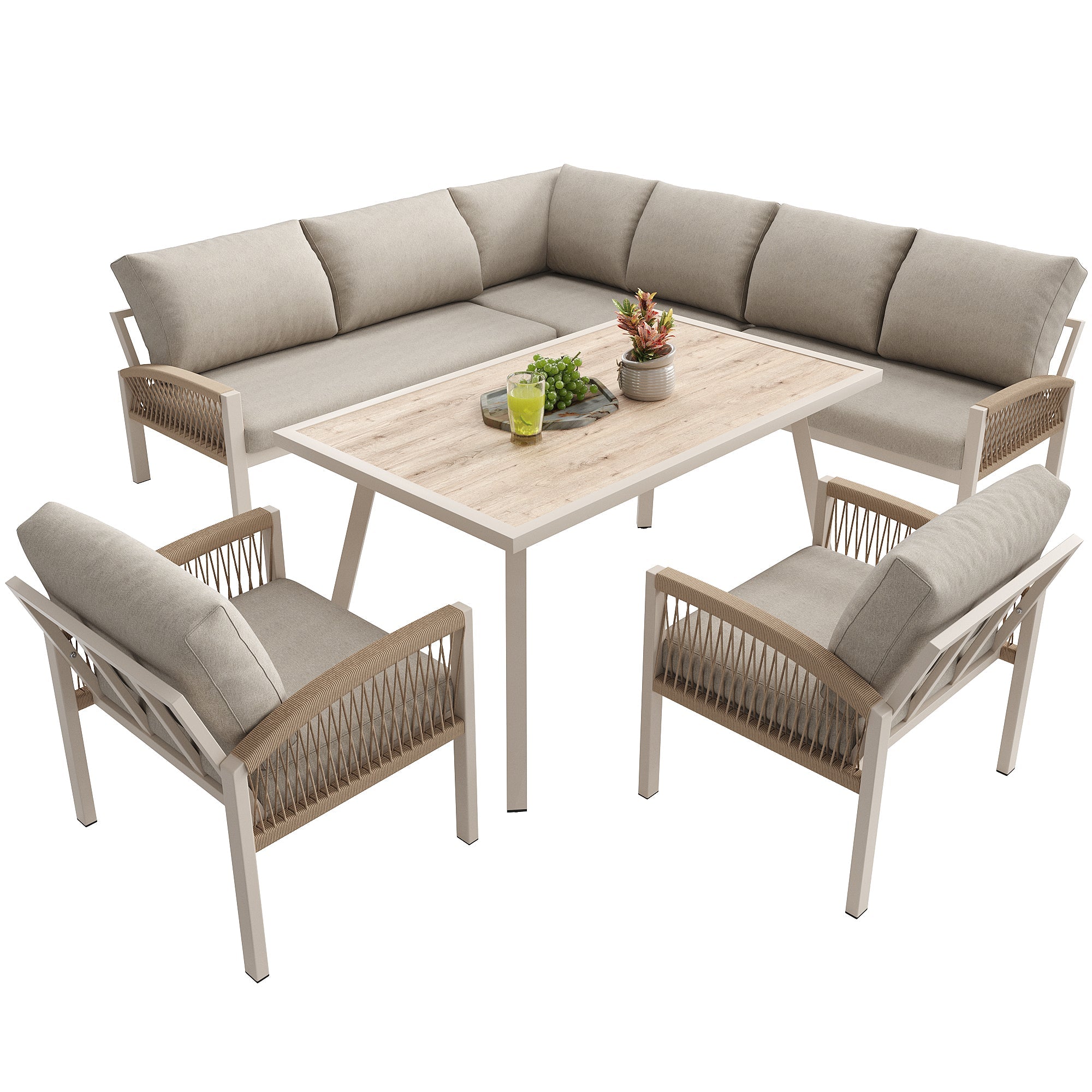 L-Shaped Garden Sofa Set 8-Seater with Table 2 Woven Armchairs Weatherproof - Beige/Iron