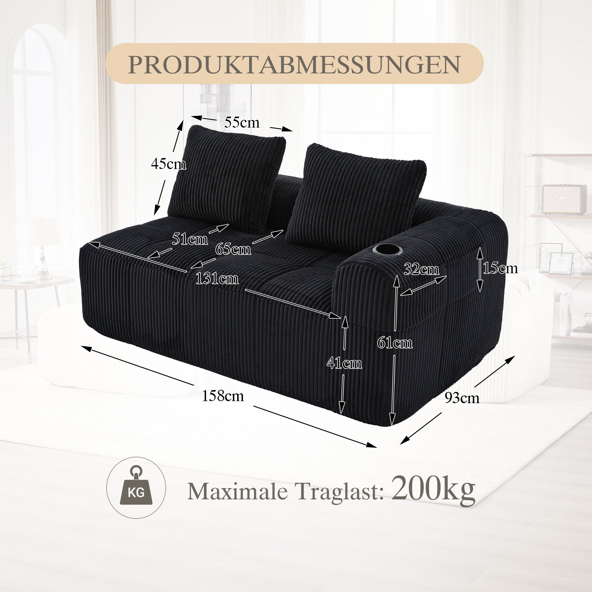 Two-Seater Sofa Storage Pocket Drink Holder - Corduroy Fabric