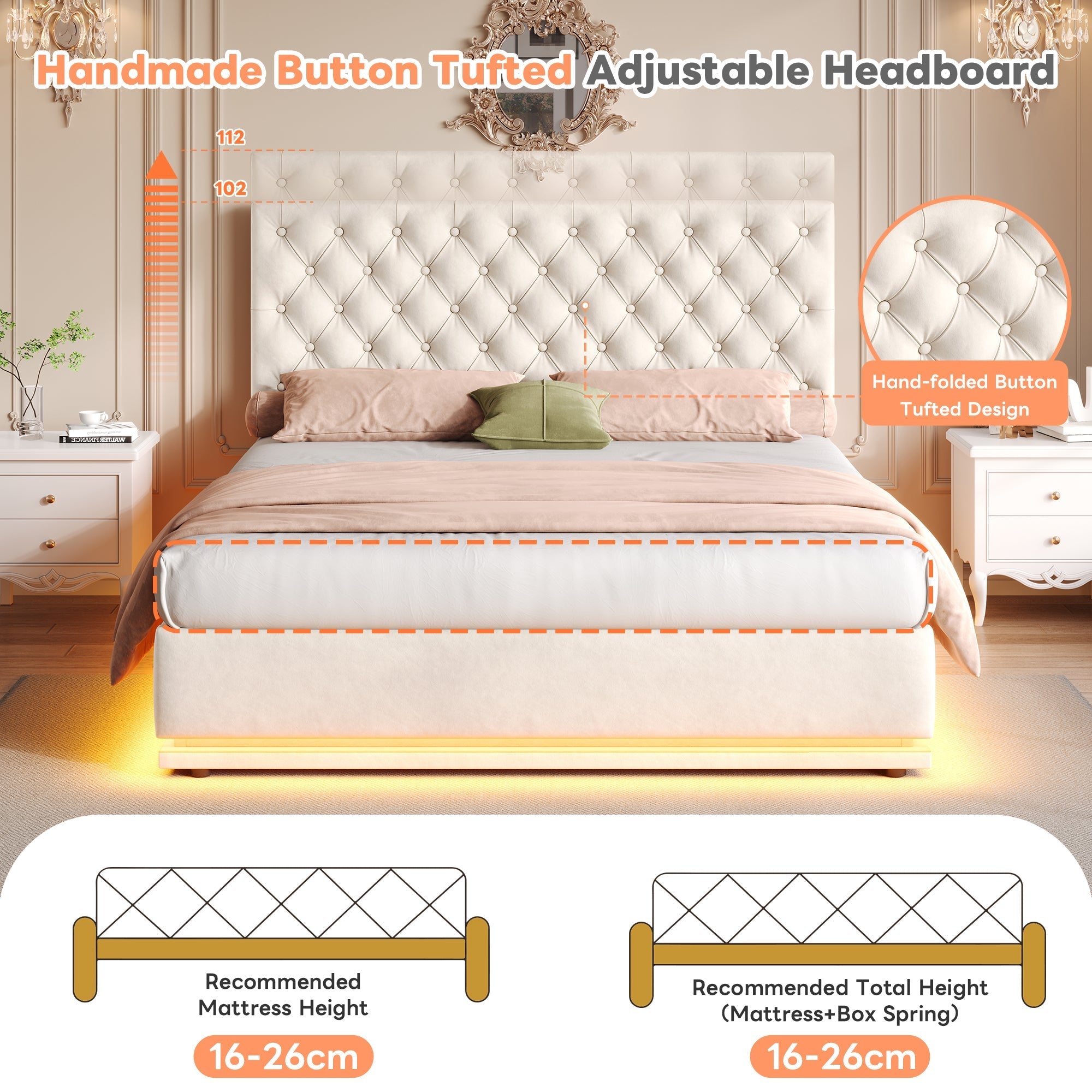 Double Ottoman Bed with LED, Hydraulic Storage, Adjustable Headboard, Velvet Beige