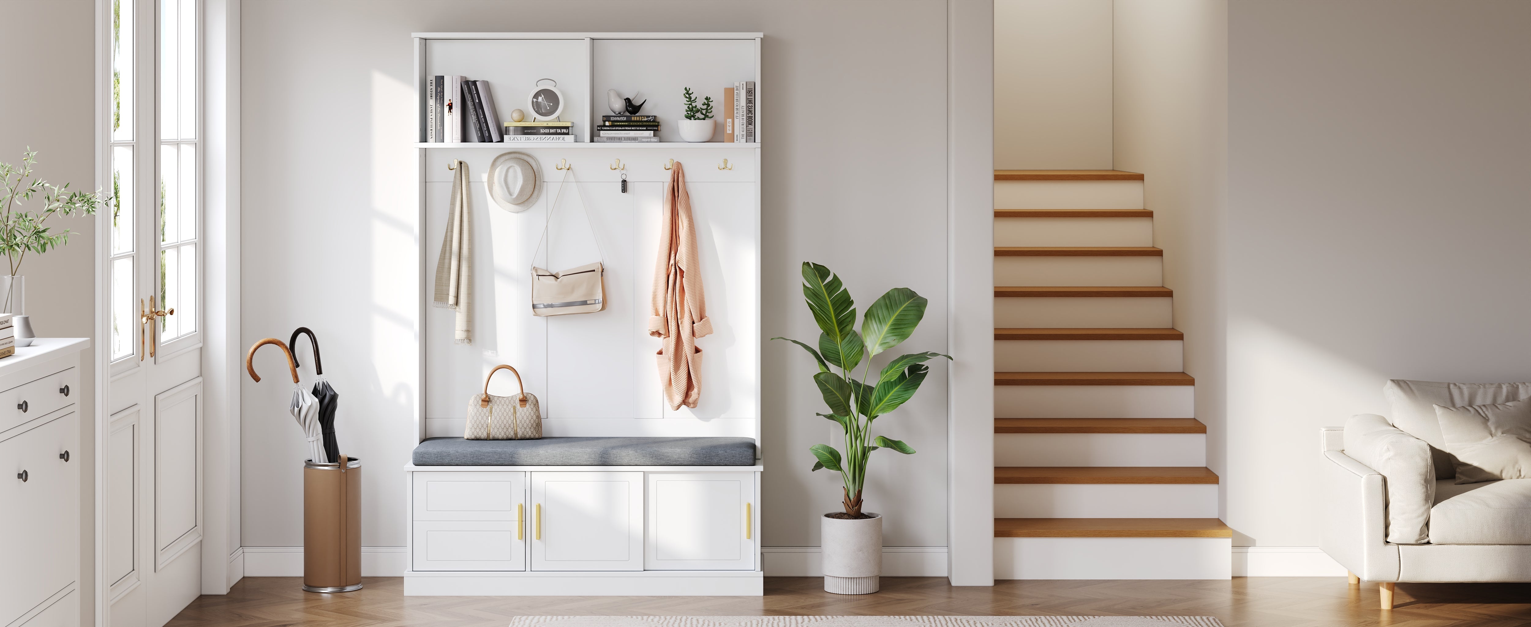 Coat rack with shoe bench, wardrobe, 6 triple hooks, freestanding, space-saving, white