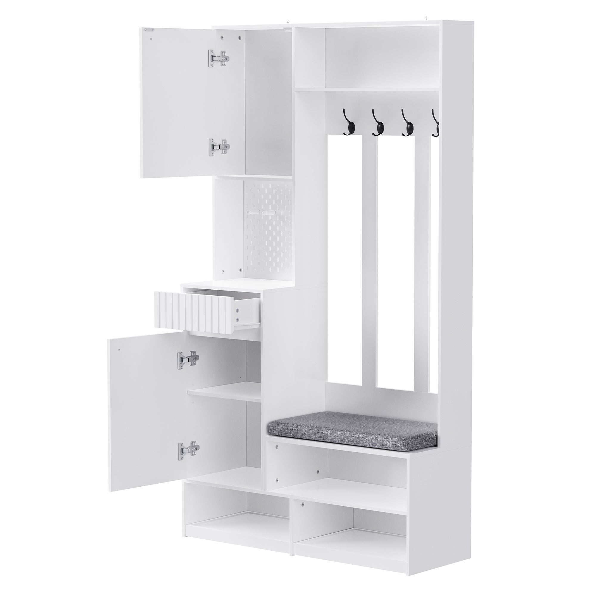 Wardrobe set, complete hallway with bench, 4 hooks, doors & drawers - white