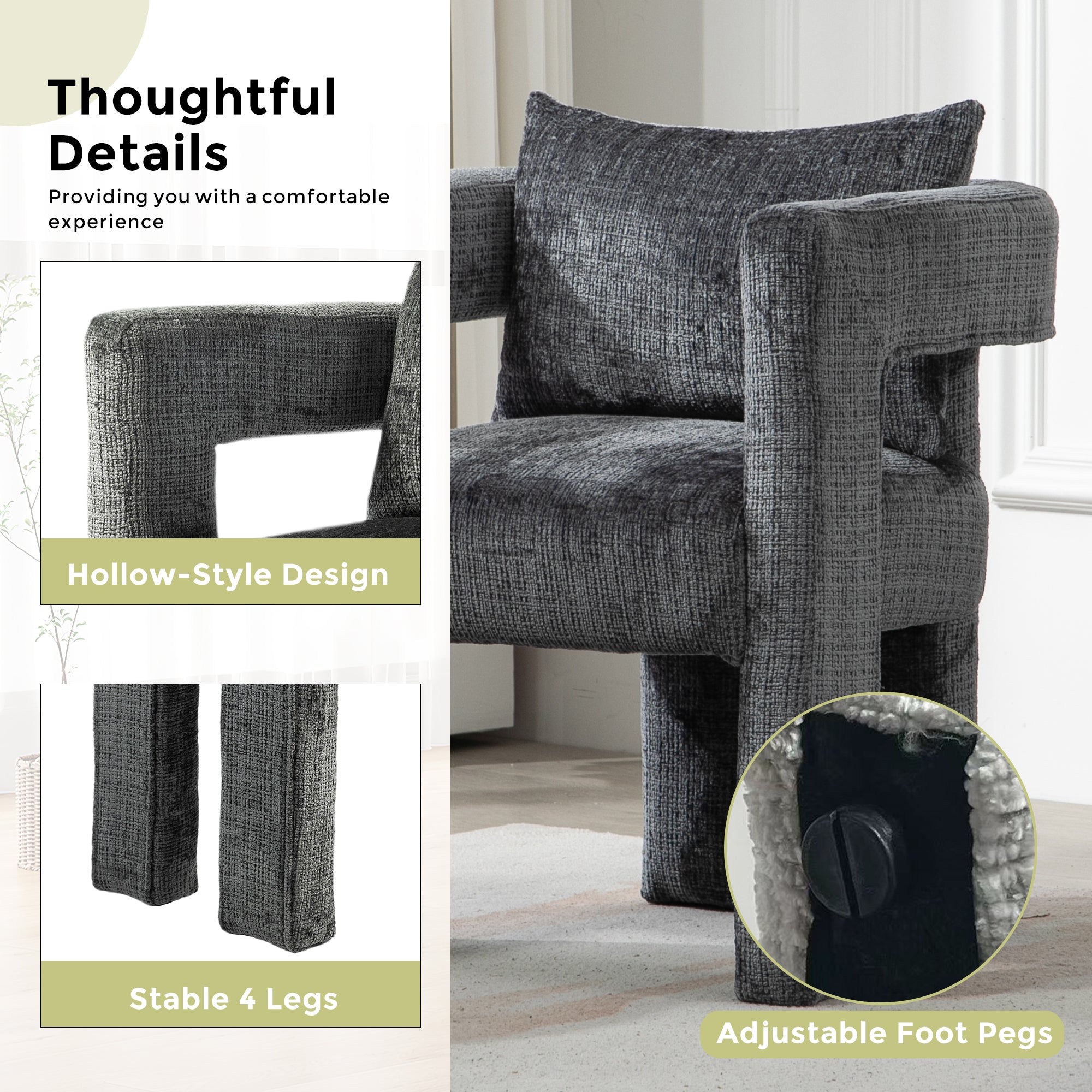 GOMYWAY Modern Chenille Lounge Chair with Hollow Armrest Design and Comfortable Cushions (Dark Gray)