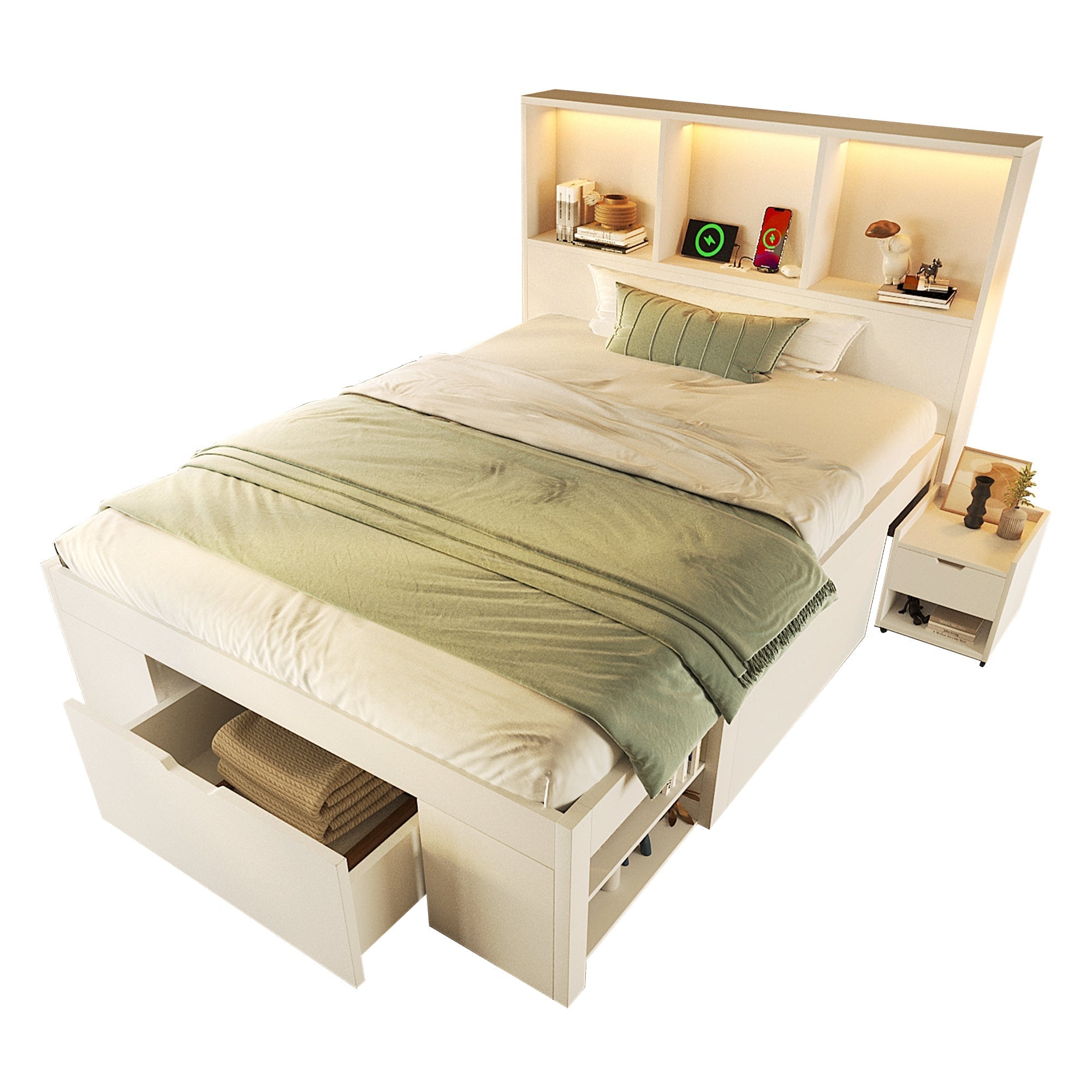 Functional Bed with LED, USB-C Charging, Storage and Movable Bedside Table, 90x200cm, White Wood