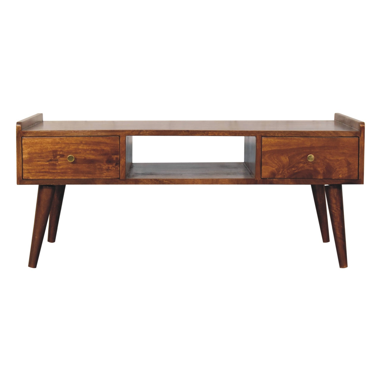 Media Unit, Elevated with 4 Drawers and Open Slot, Solid Wood Dark Brown