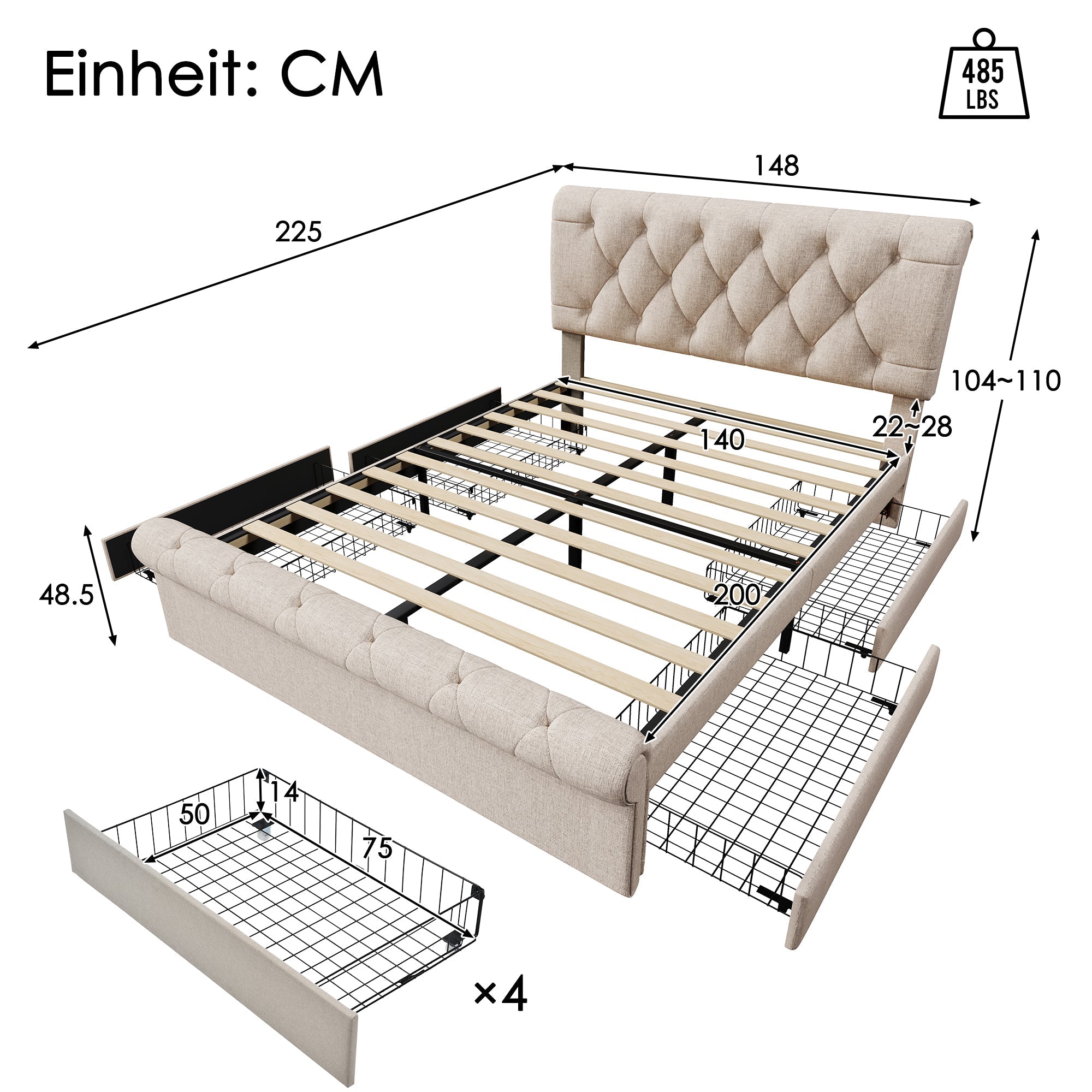 Double Upholstered Bed 140x200cm 4 Drawers Adjustable Headboard With Mattress - Natural