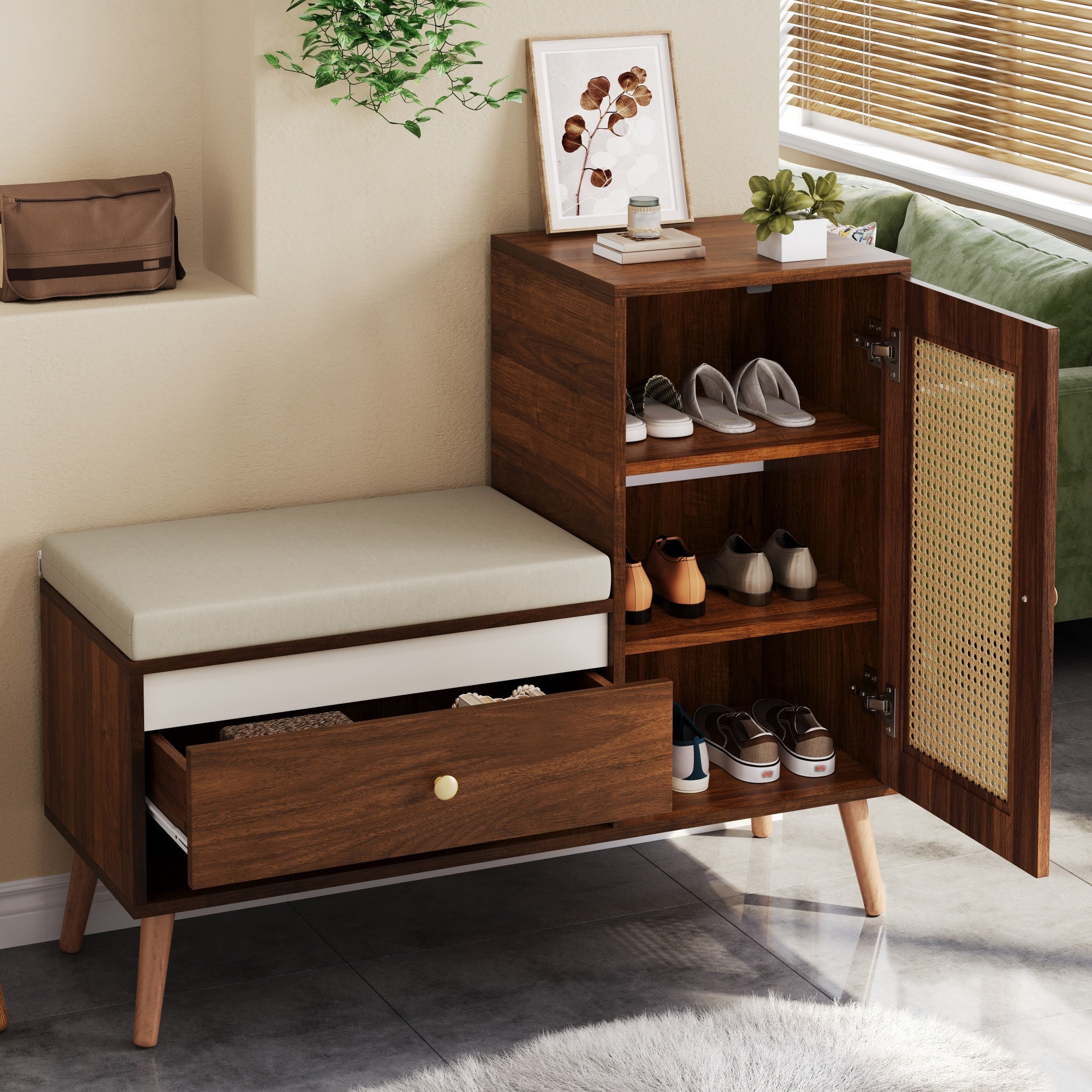 Rattan Hall Bench with Shoe Storage, Drawers and Seat Cushion, Oak and Rattan