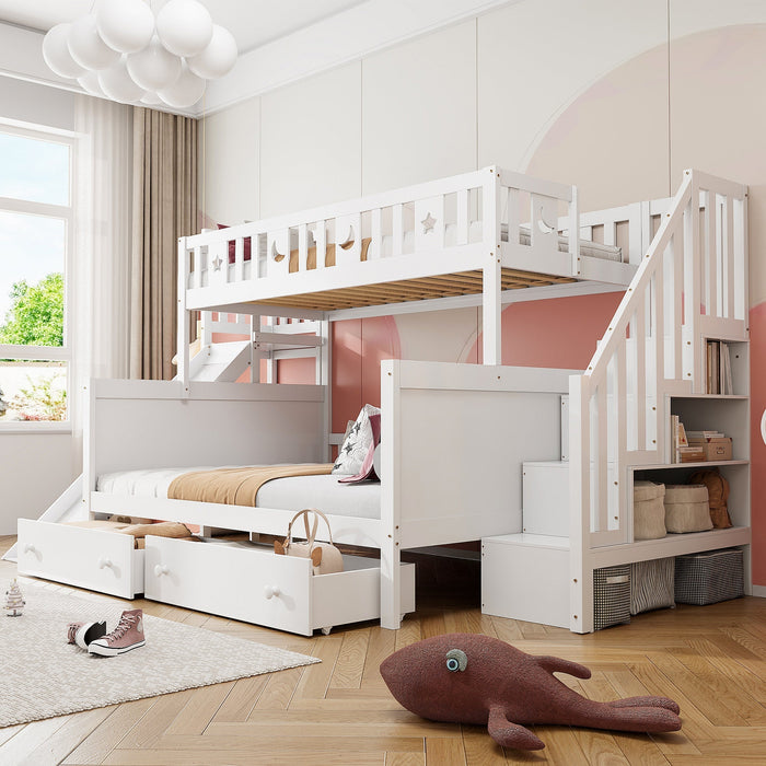 Children's Bed Bunk with Slide, Shelf, Drawers, White