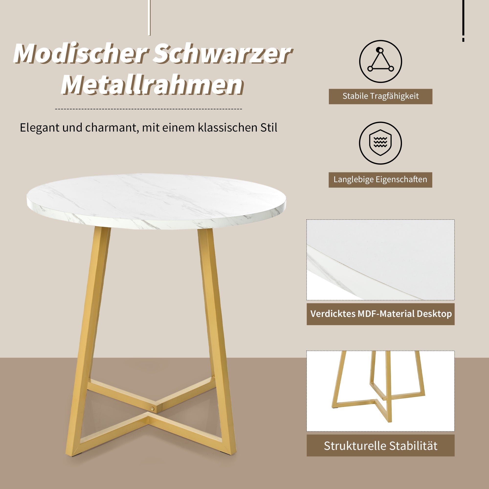Dining Table Set (5-piece) Round 80cm Kitchen Table White MDF, Gold Metal/Black Velvet