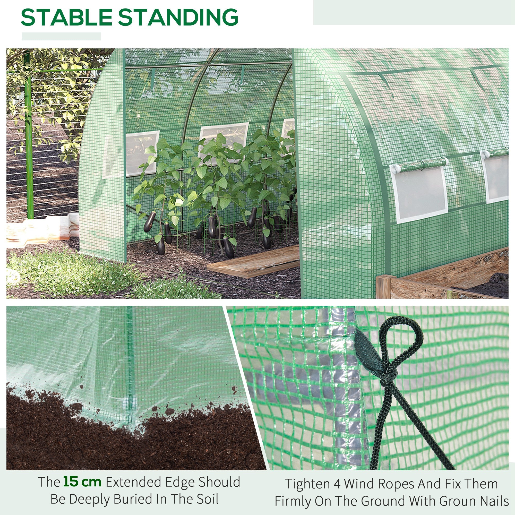 Polytunnel Greenhouse Walk-in Tent, Roll-up Sidewalls Zipped Door 6 Windows 3x3x2m, Green