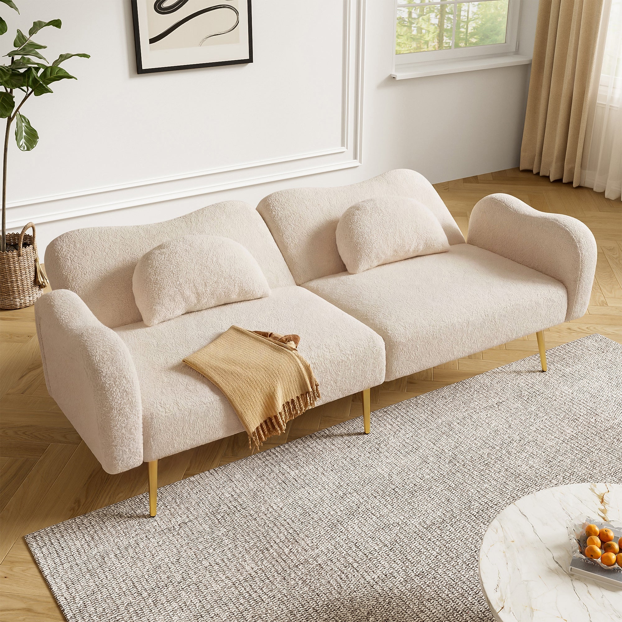 Sofa Bed 2-Seater Adjustable Backrest Gold Metal Feet