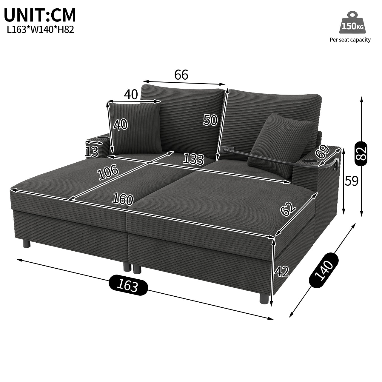 Double Sofa Bed with Mobile Holder, USB Port, and Cup Holder, Gray