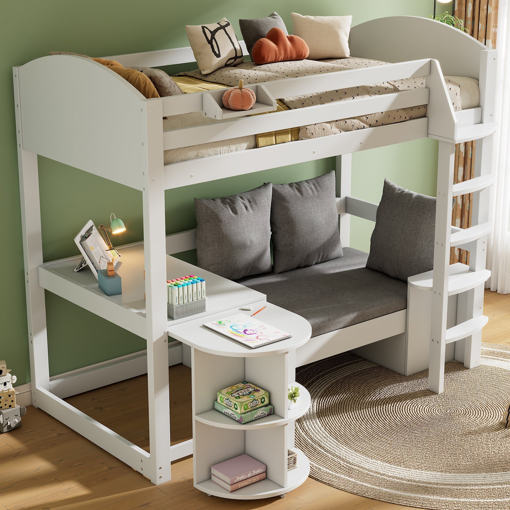 Multifunctional Children's Bunk Bed with Pull-out Table, Sofa with Storage and Three Cushions, 90x200cm, White Solid Wood