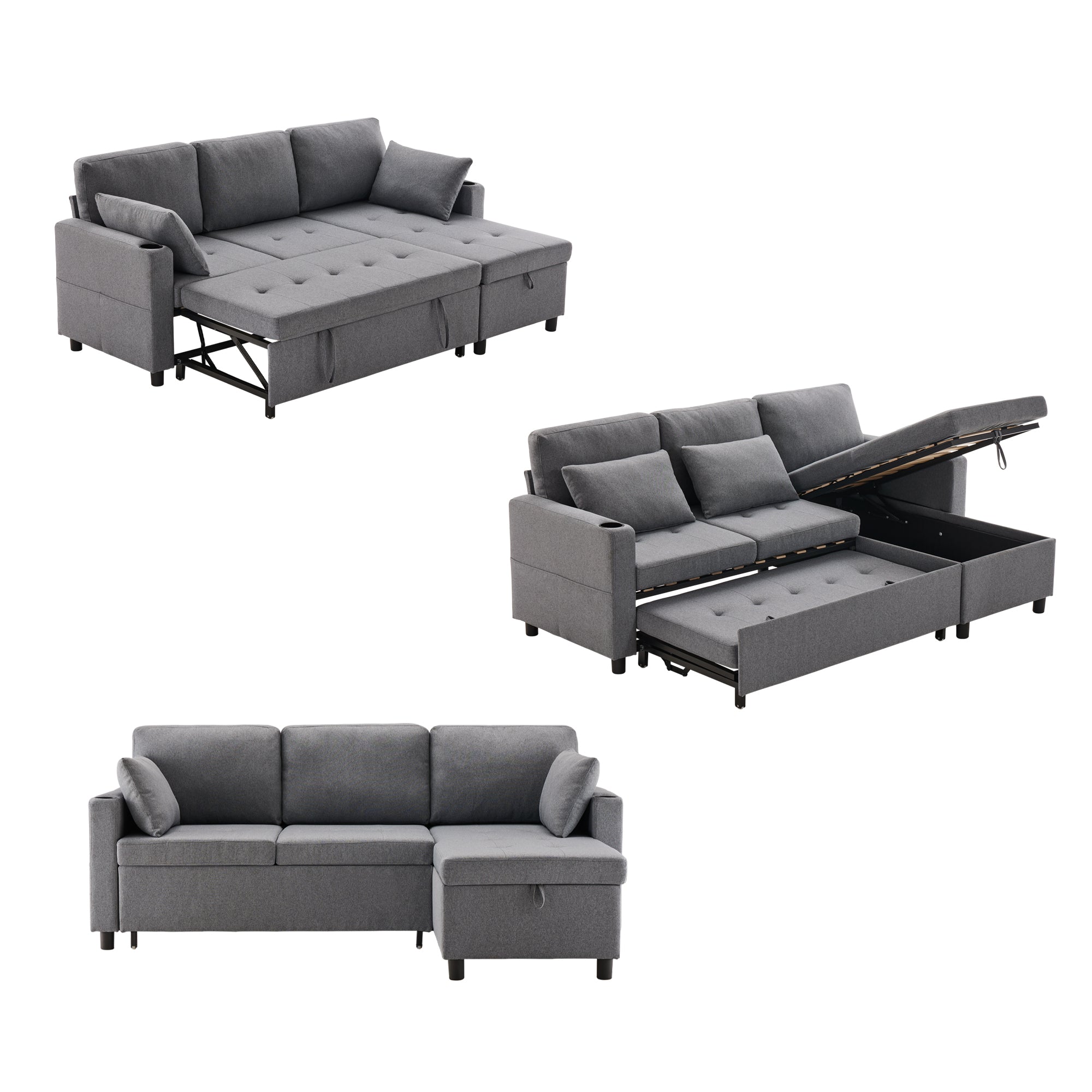 Sofa Bed L-Shaped Pull Out Sofa with Storage, Grey