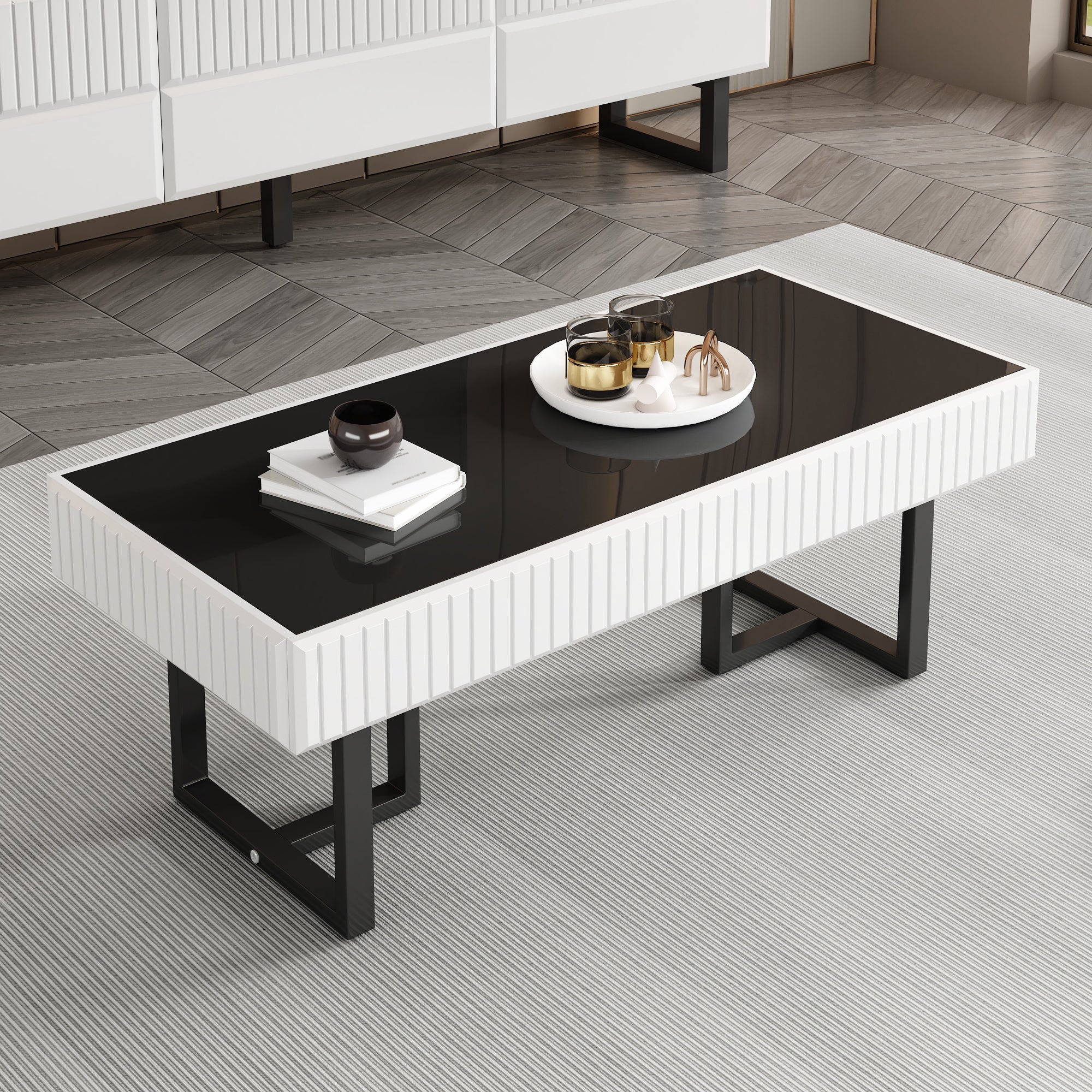 Coffee Table, Modern Classic High-Gloss 110x50.5x41cm, Black and White