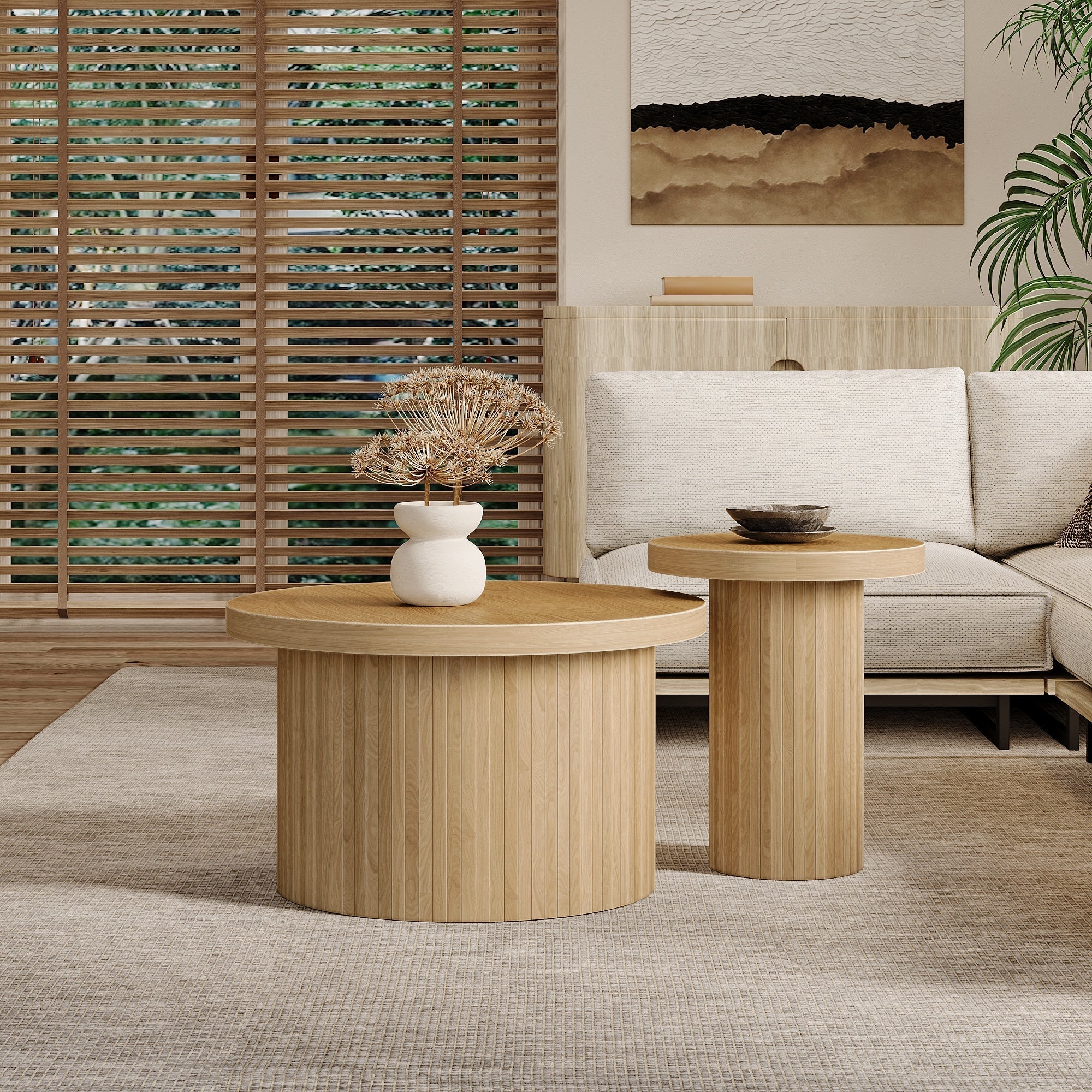 Coffee Table, Double Round Side Table, Natural Wood