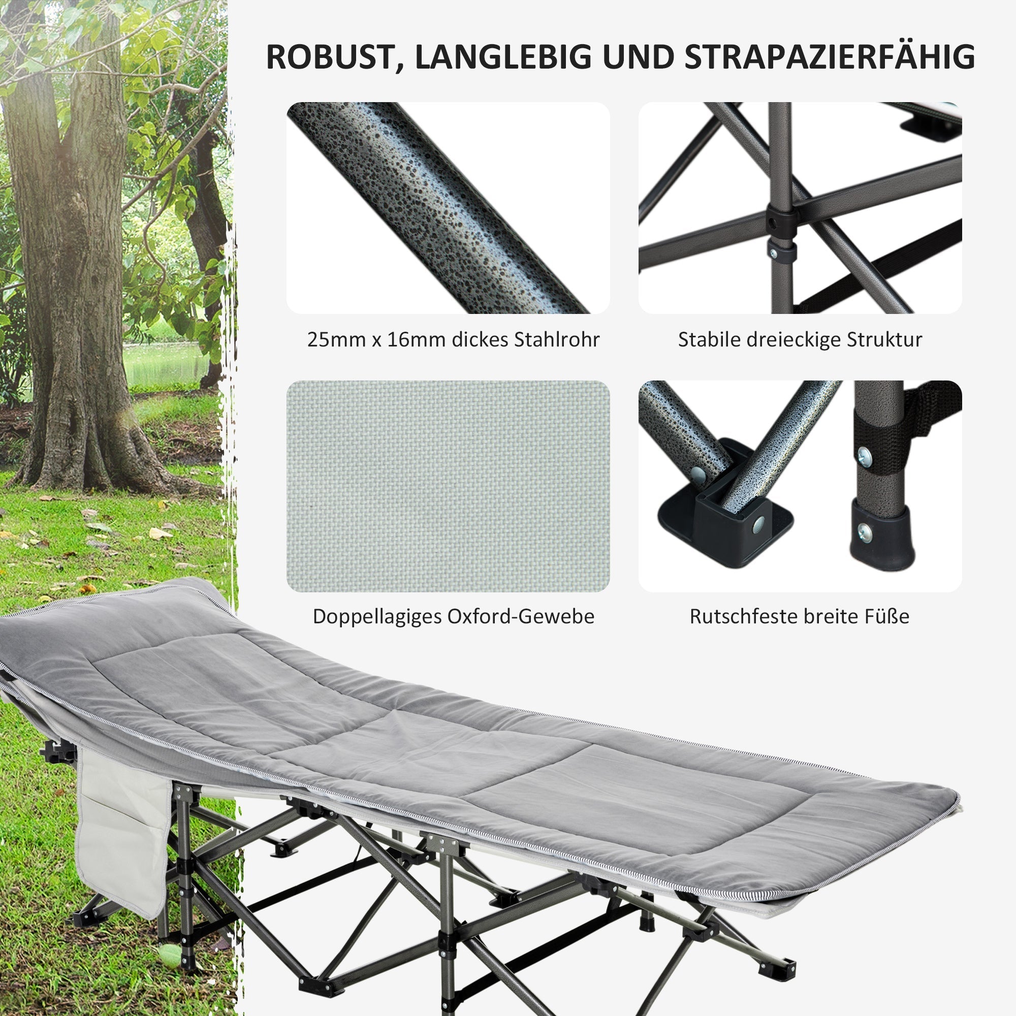 Campingliege faltbar mit Kissen, Seitentasche, 150kg, Hellgrau